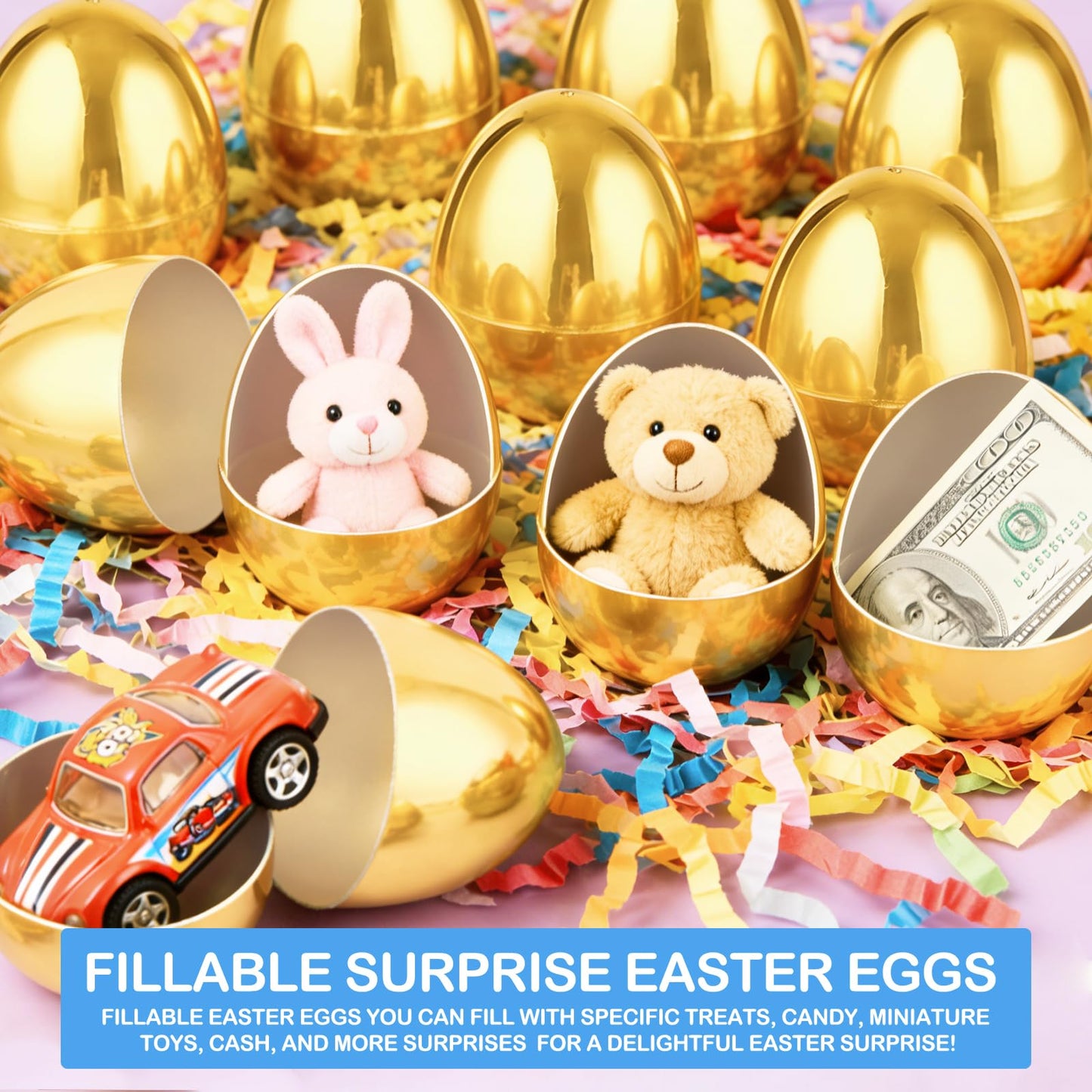 TURNMEON 36PCS Plastic Golden Easter Eggs, 2.36" Fillable Empty Gold Easter Eggs Bulk for Easter Basket Stuffers Fillers, Fillling Candy Treats Toys Eggs Hunt Classroom Prize Supplies and Party Favors