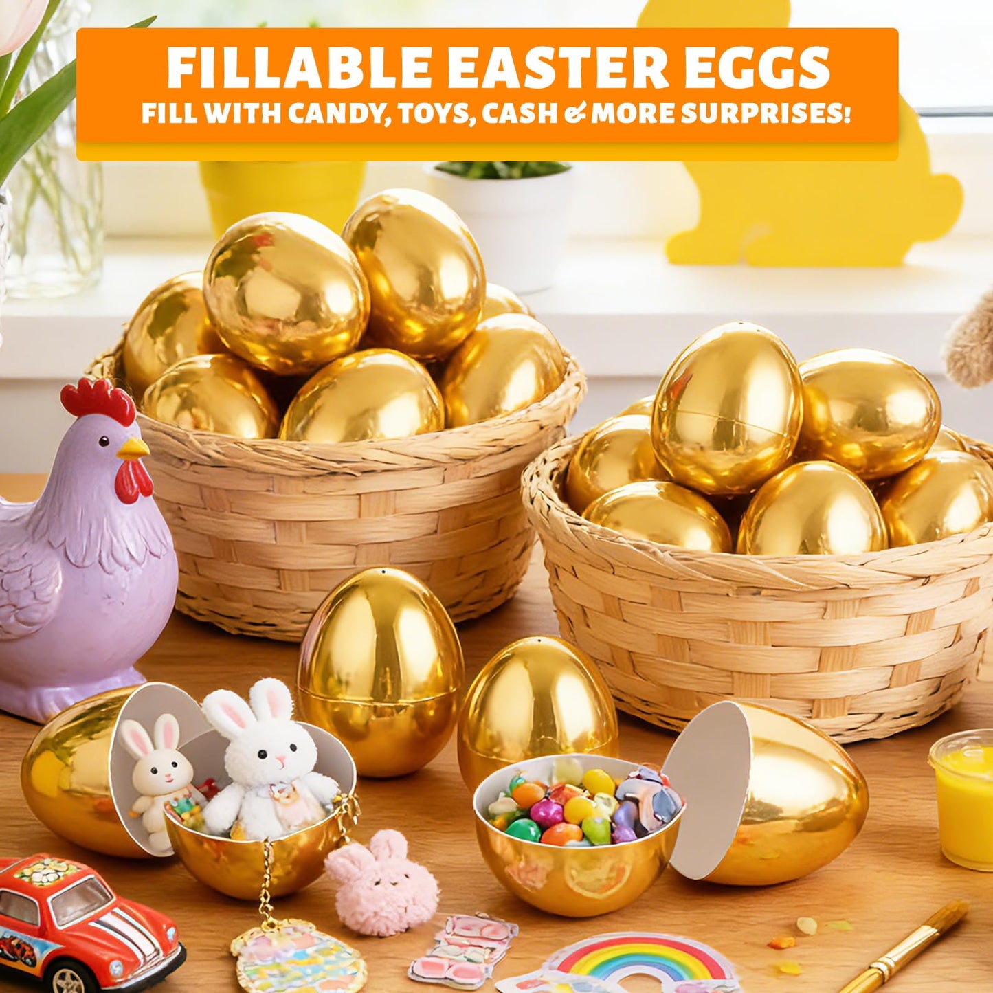 3.1" Large 50 Pack Golden Easter Eggs Fillable Plastic Easter Eggs Bulk Empty Easter Basket Stuffers for Easter Treats Filler Eggs Hunt Supplies Classroom Prize Easter Party Favors Packs Kids Toddler