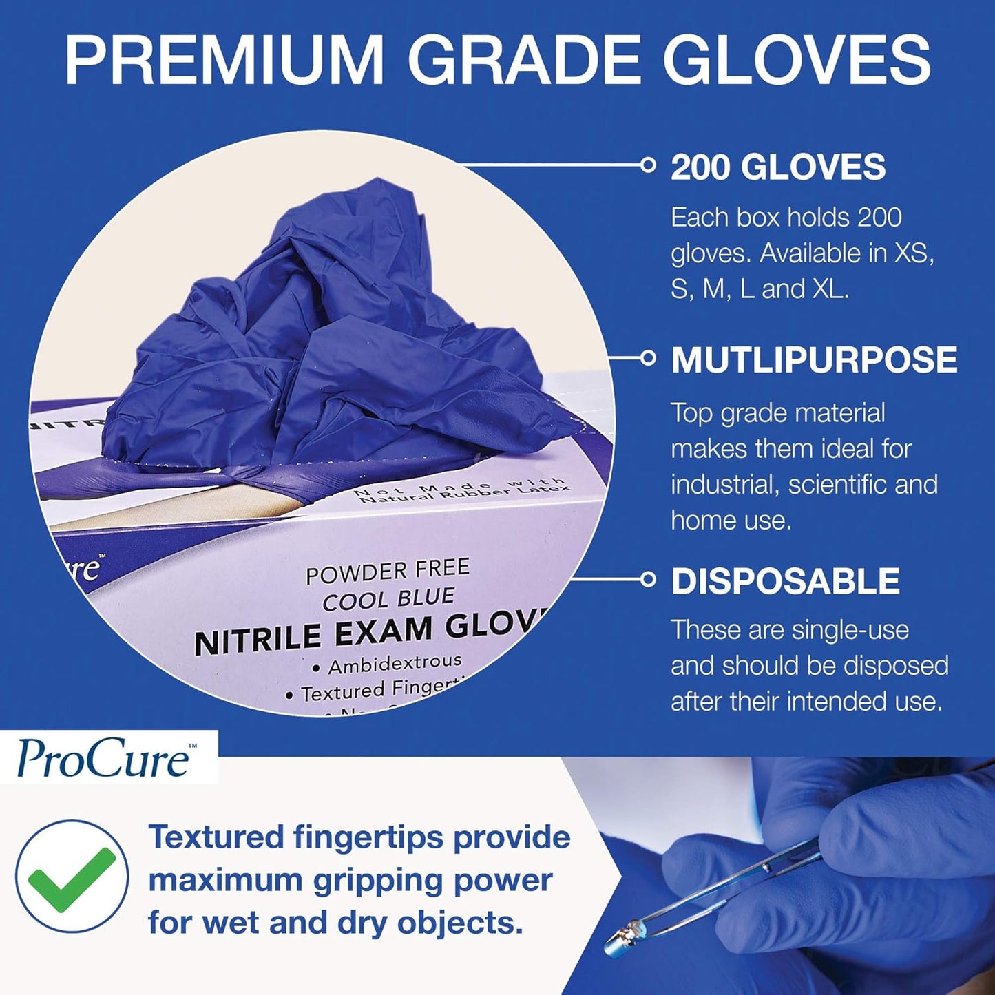 ProCure Disposable Nitrile Gloves - Latex Free, Powder Free | 200 Count Medical Exam Gloves