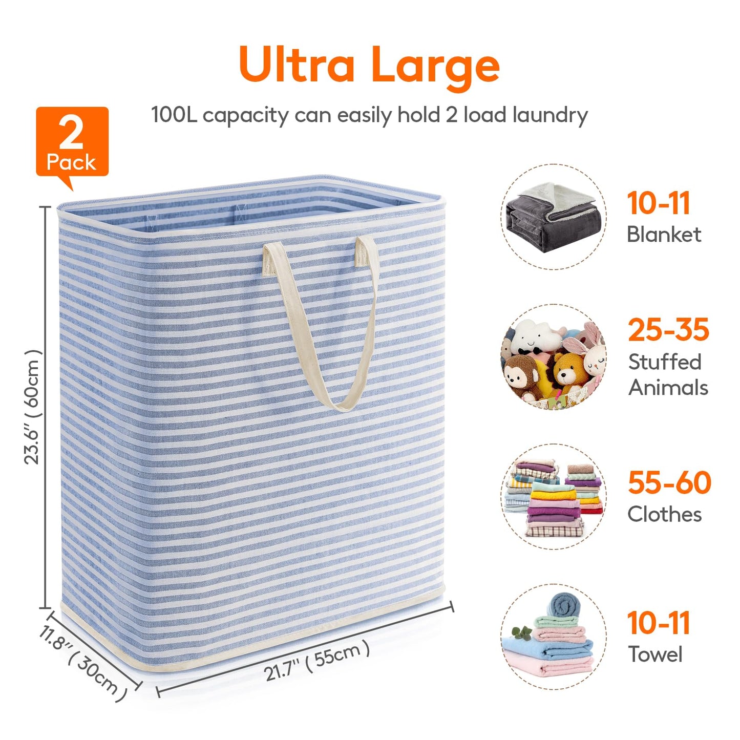 Lifewit 2 Pack Laundry Basket 100L Each, Collapsible Clothes Hamper with Reinforced Handles, Freestanding Waterproof Design for Bedroom and Laundry Room, Grey&Blue 200L Total