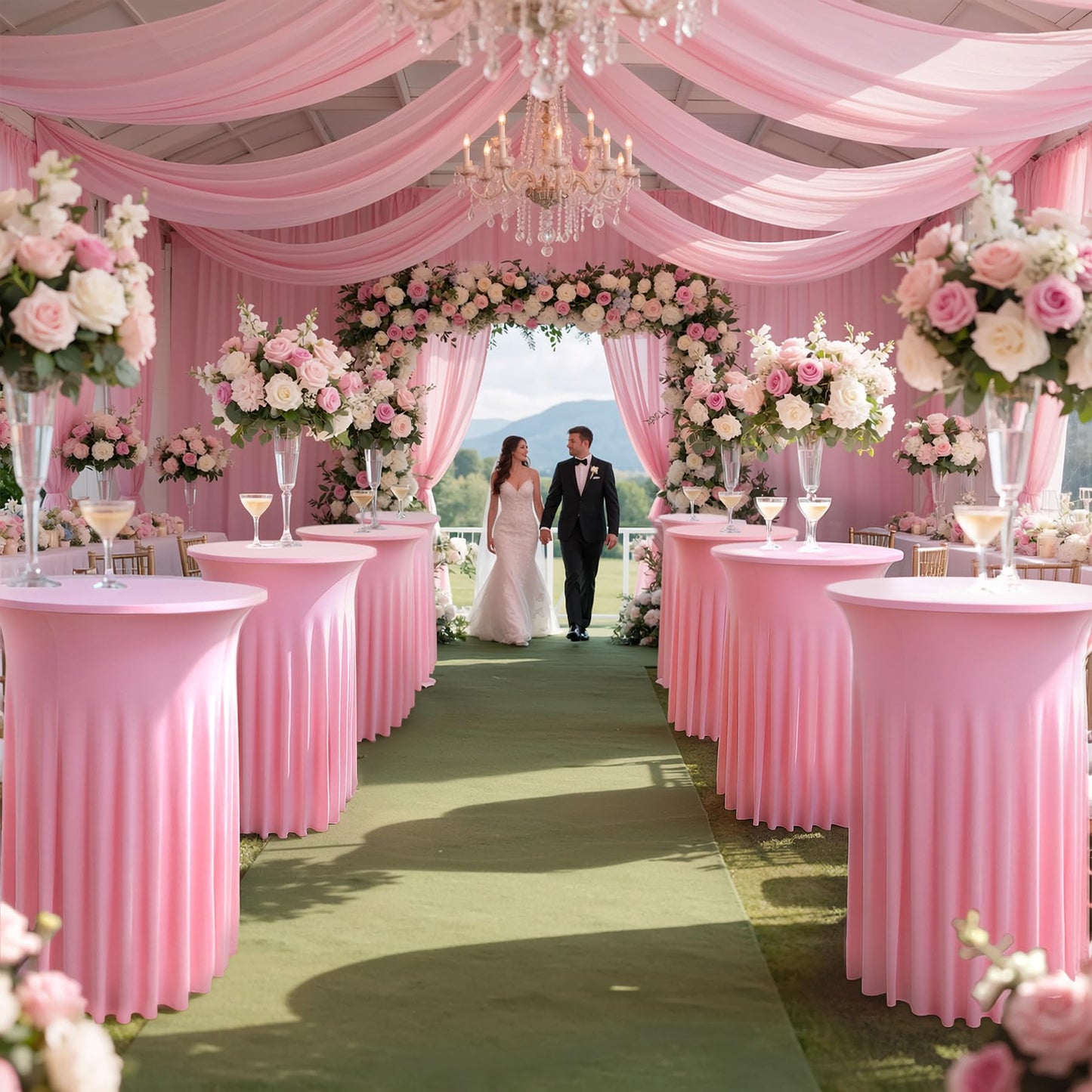 4 pk Pink Round High Top Cocktail Table Cloths 32inch×43inch, Wrinkle Free Stretchy Fitted Highboy Spandex Cocktail Tablecloth Table Covers with Pleats Skirts for Party Wedding Banquet Bar