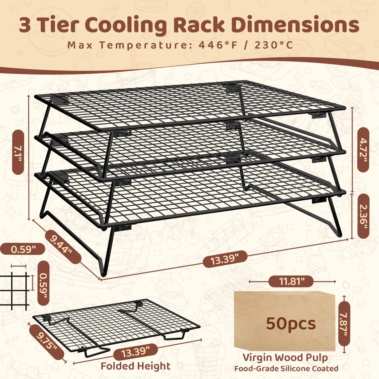 Vehookin 3 Tier Stackable Cooling Rack for Cooking and Baking, Wire Rack for Baking Sheet w/50 Parchment Papers, 13.4" x 9" Cookie Cooling Rack for Pizza, Bread, Cake,Veggie,Jerky, Drying Baking Rack