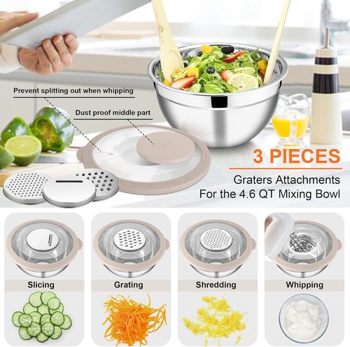 E-far Stainless Steel Mixing Bowls Set of 5 - Nesting Bowls with Transparent Lids & 3 Graters | Khaki