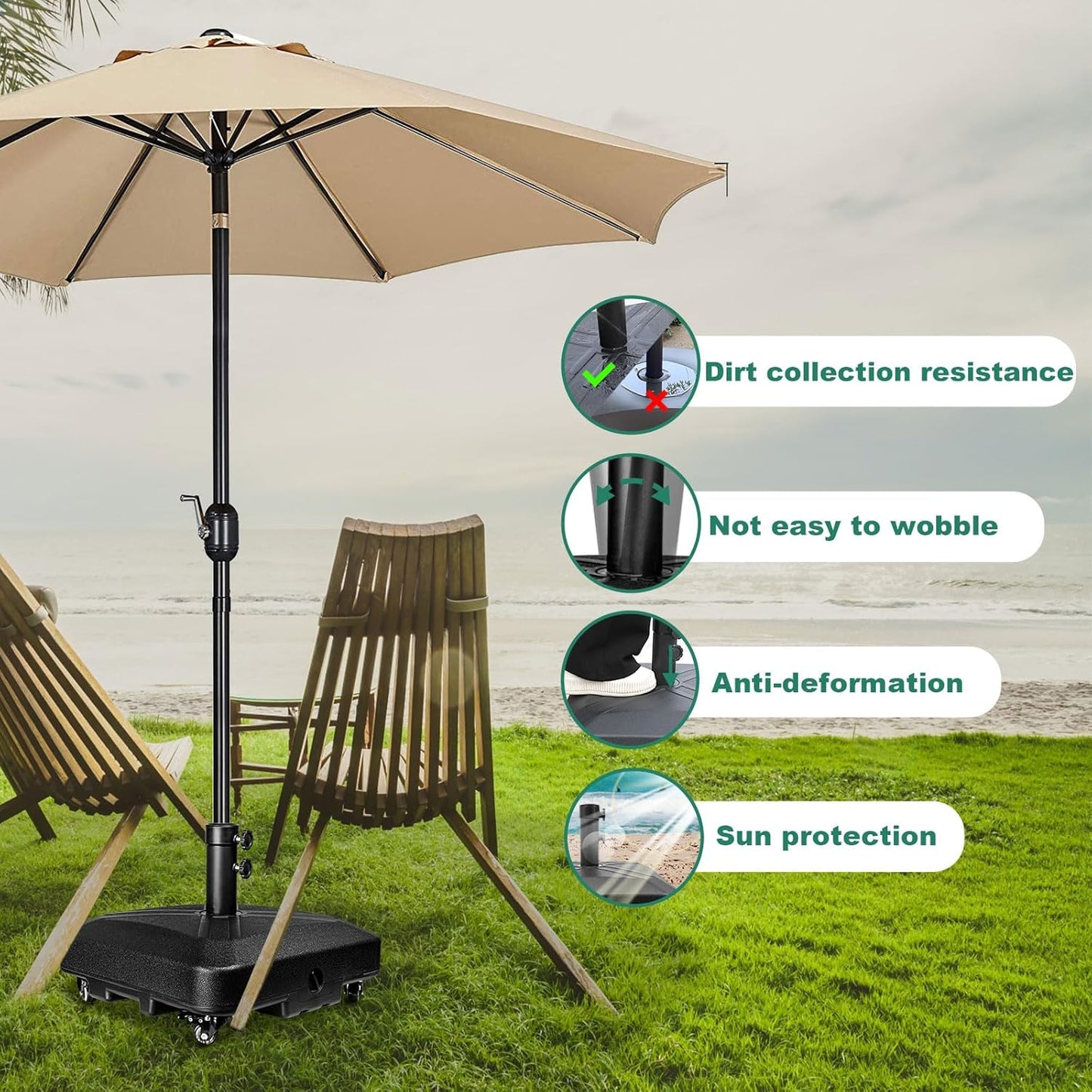Skiennix Heavy-Duty Patio Umbrella Base with Wheels - Square Market Stand, 125lb Capacity, Black