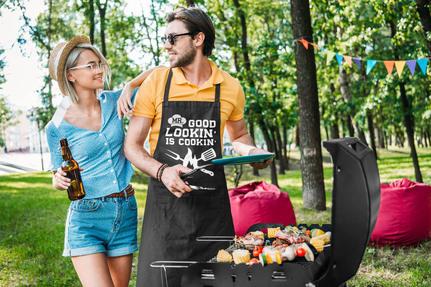 VAGAVY 100% Cotton, Black Funny Aprons for Men, Dad, Husband - Birthday, Father’s Day Grilling Gifts for Papa, Husband.