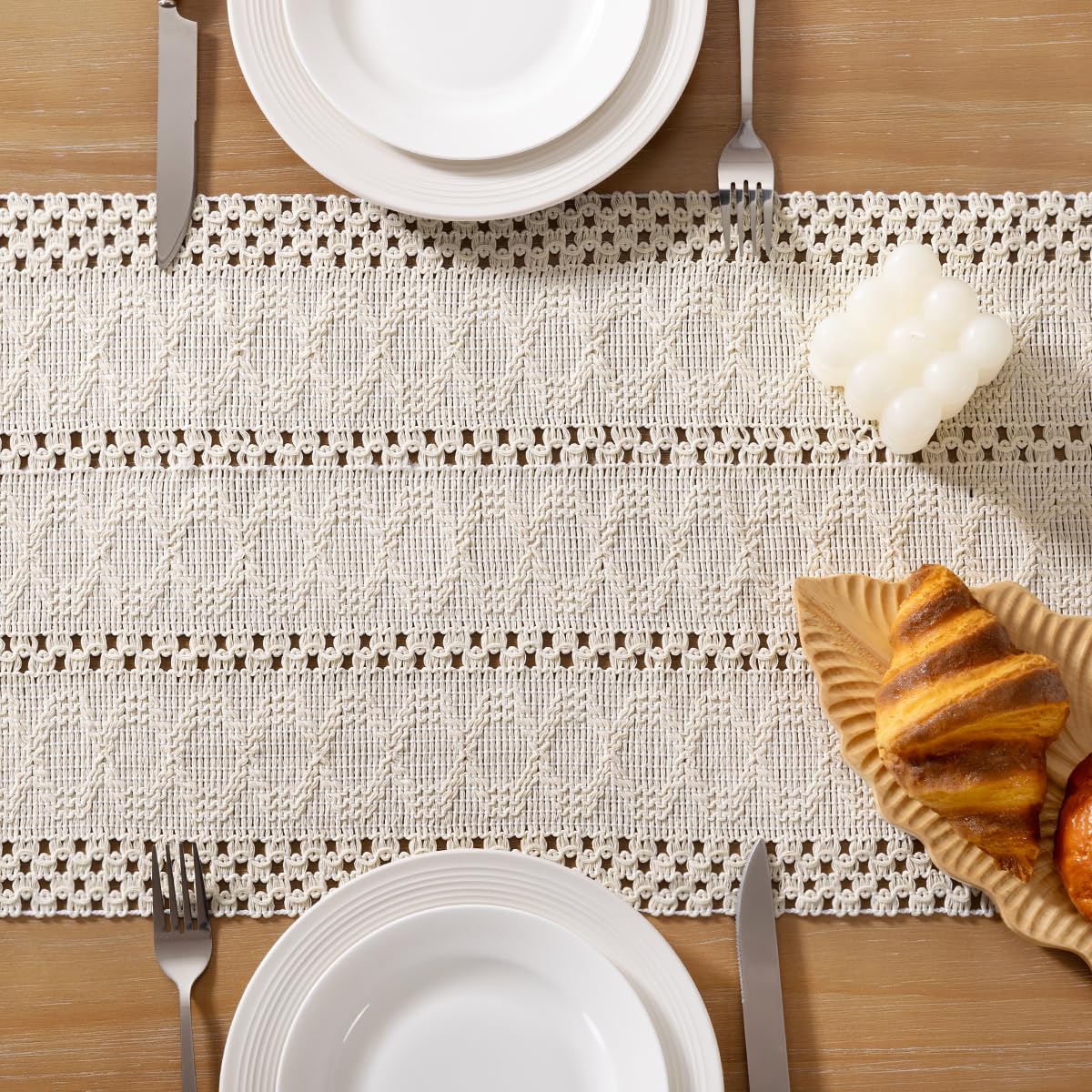 Socomi Boho Table Runner Summer Farmhouse Rustic Dining Kitchen Centerpiece Decor Small Macrame Woven Cotton Linen Coffee Table Runner for Dresser Scarf Home Decor 12x60 inch Beige