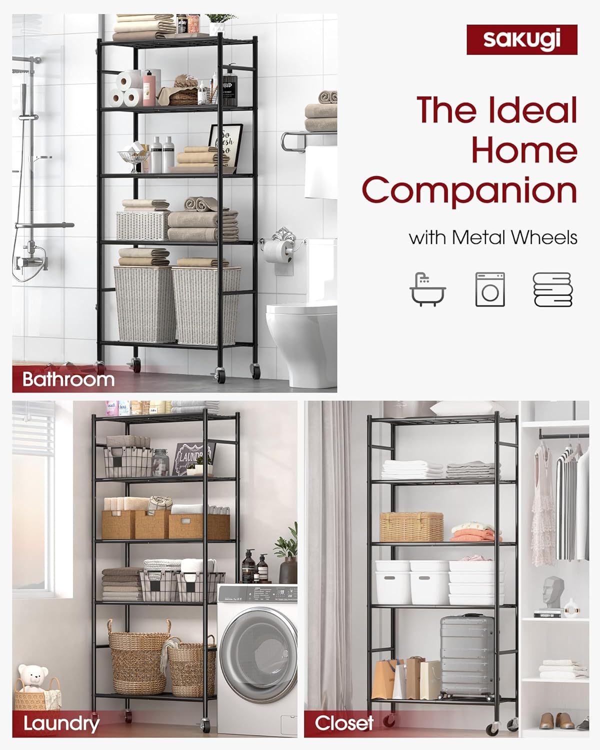 Sakugi Storage Shelves Organizer - Heavy-Duty 5-Tier Metal Shelf with Wheels | Adjustable for Kitchen, Pantry, Closet - 33.1"x12.6"x73.5", Black