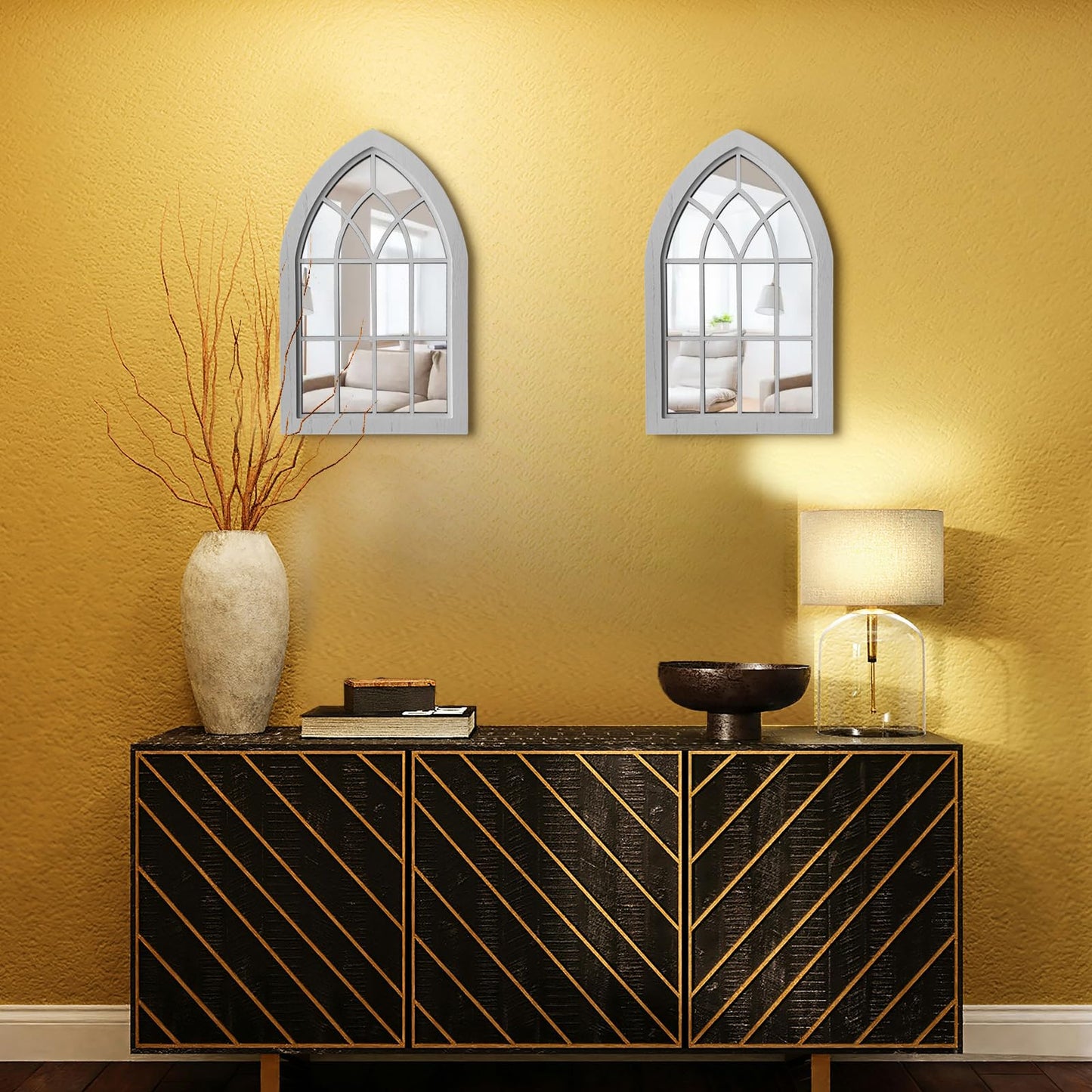 ZEXUIRU 2PCS Arched Window Wall Mirror,Rustic Farmhouse Accent Mirror, Wood Framed Entry Mirror for Living Room,Bathroom,Bedroom,Kitchen,15.5 * 9.8 Inch