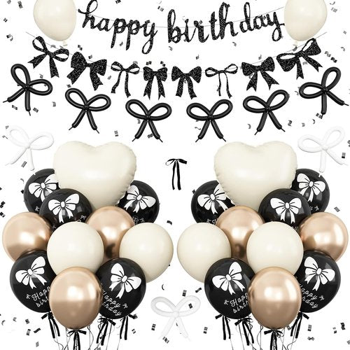 Bow Coquette Party Decorations - Happy Birthday Banner & Black Gold Bow Balloons | Heart Foil Balloons for Girls