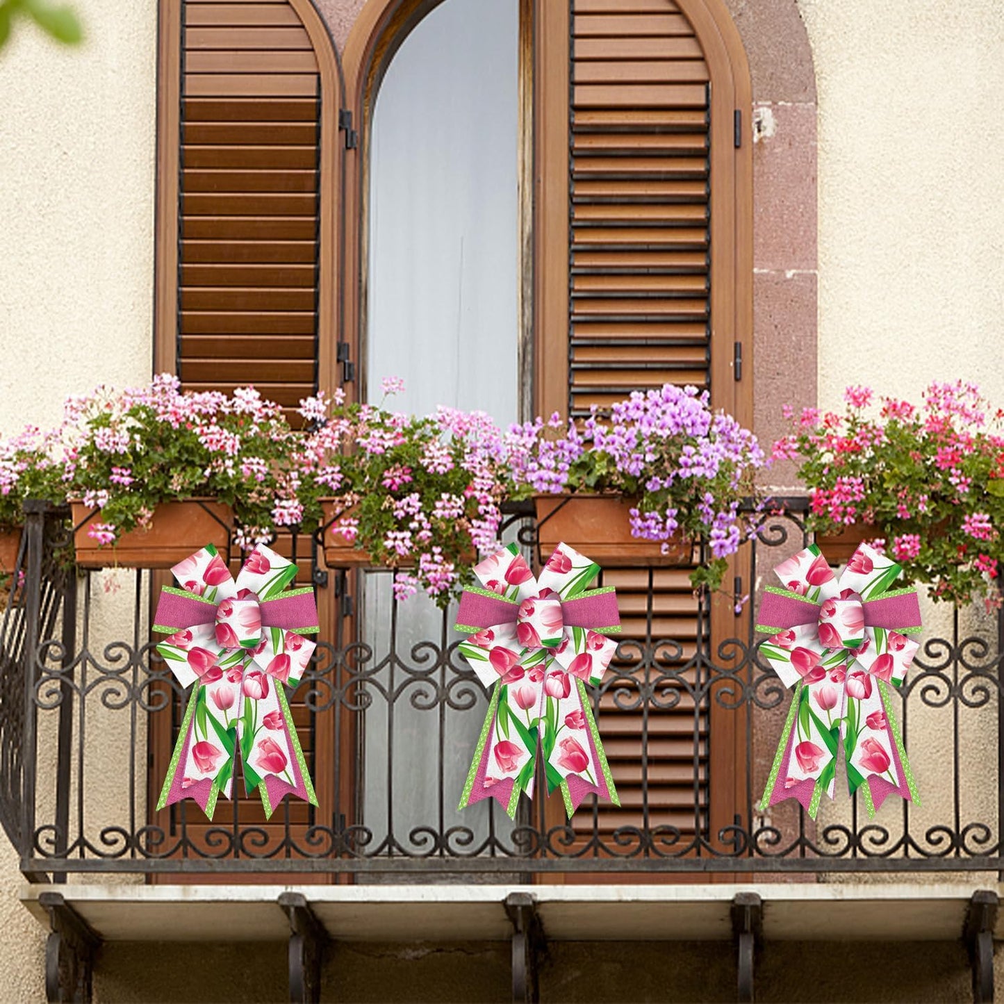Threetols Floral Wreath Bows - 2 Pack Pink Tulip Decorative Bows for Indoor/Outdoor Home & Garden Decor