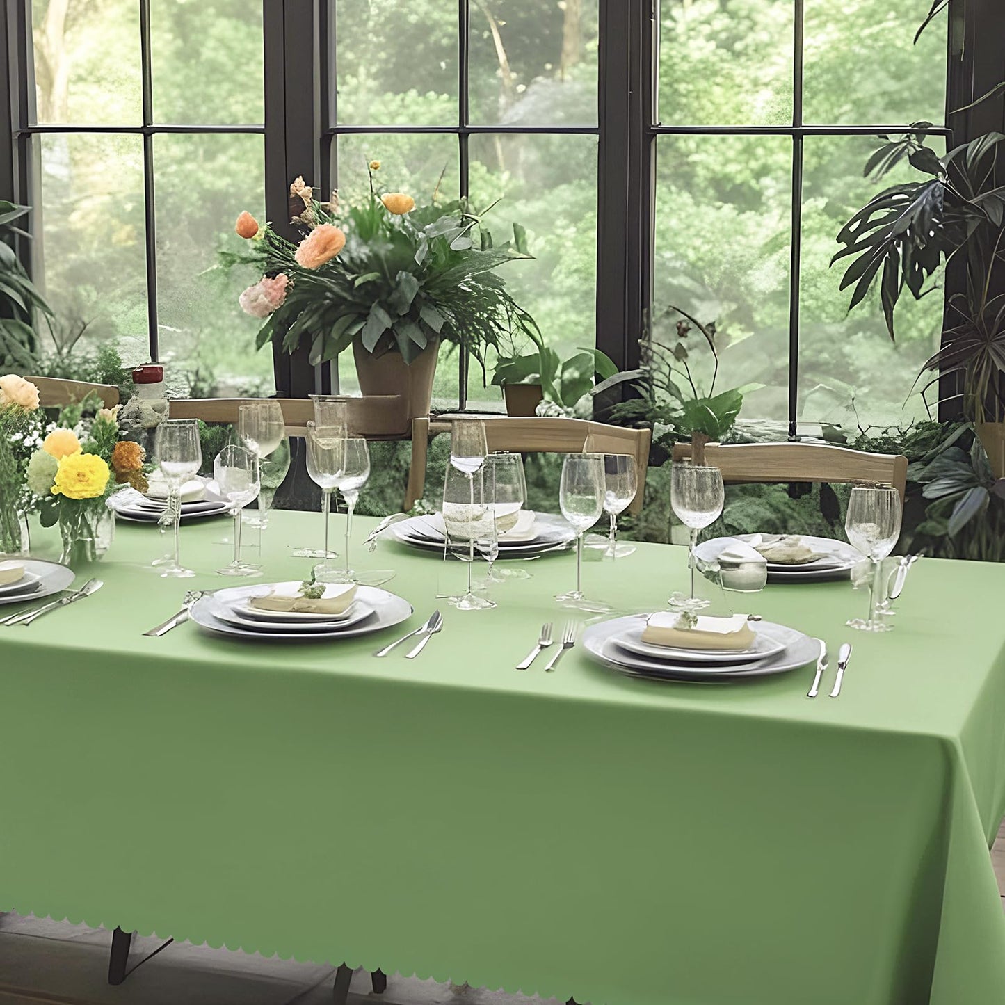 3 Pack Plastic Sage Green Tablecloth, 54 X 108Inch Scalloped Table Cover Disposable Sage Green Tables Cloth for Rectangle Tables Waterproof Table Cover for Baby Shower Bridal Tea Party Wedding