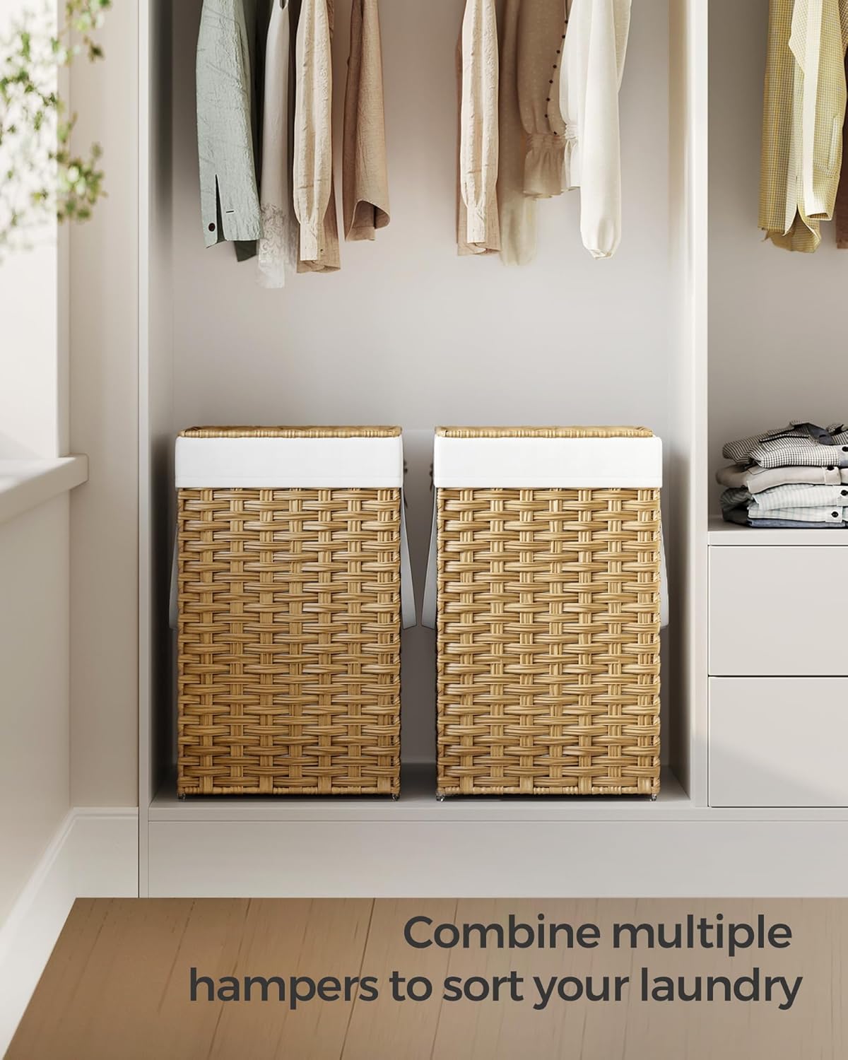 SONGMICS Laundry Hamper - 17.2 Gallon Synthetic Rattan Basket with Lid & Handles | Foldable, Goose Yellow
