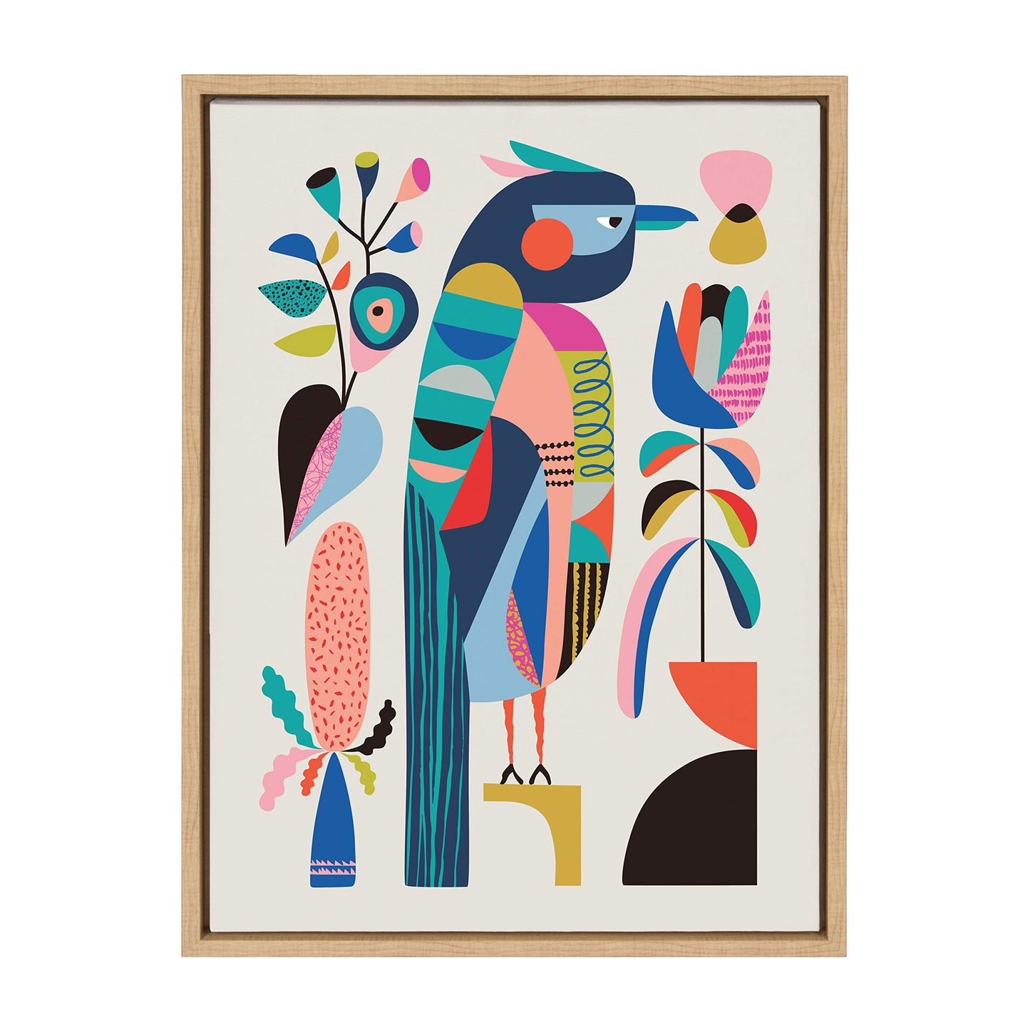 Kate and Laurel Sylvie Mid Century Modern Kookaburra Framed Canvas Wall Art by Rachel Lee of My Dream Wall, 18x24 Natural, Abstract Animal Art for Wall