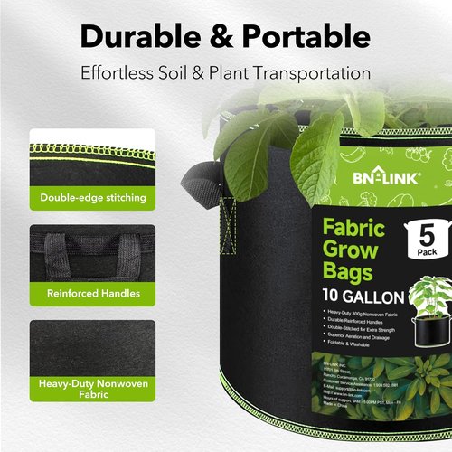 BN-LINK 10 Gallon Grow Bags - Heavy Duty Aeration Fabric Pots with Handles for Vegetables & Flowers