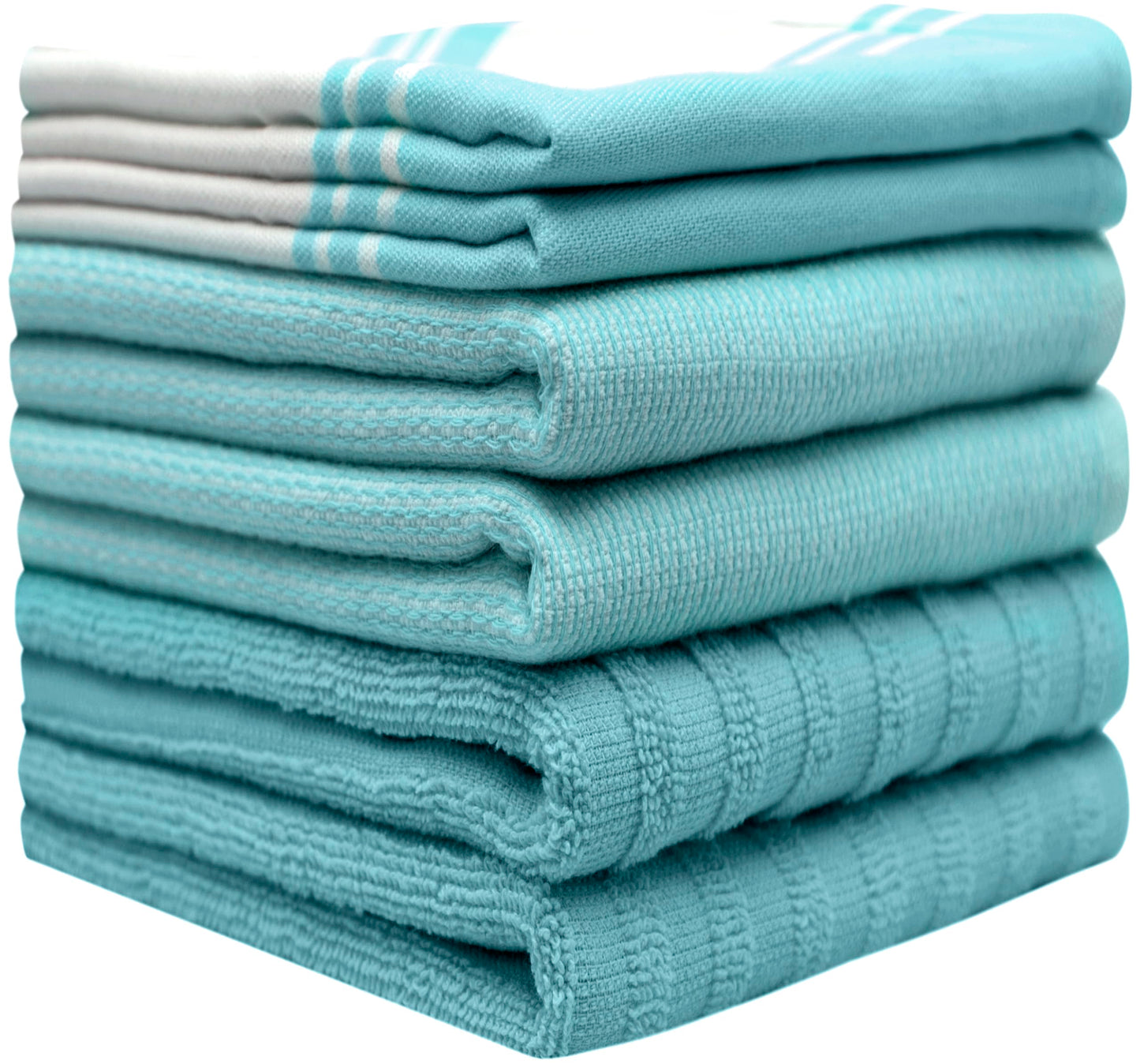 Premium Kitchen Towels (20”x 28”, 6 Pack) | Large Cotton Dish Towels | Flat & Terry Highly Absorbent Kitchen Linen Set with Hanging Loop | Wide Stripe Aqua