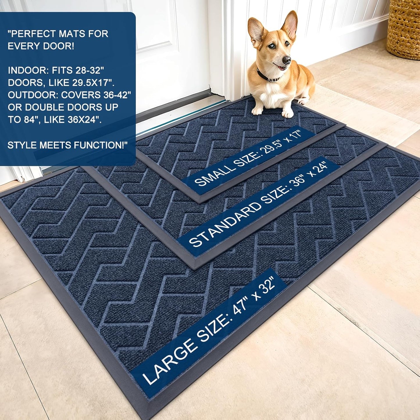 OLANLY Waterproof Front Door Mat - All-Season Indoor/Outdoor Herringbone Design | Easy Clean, 47x32 (Blue)