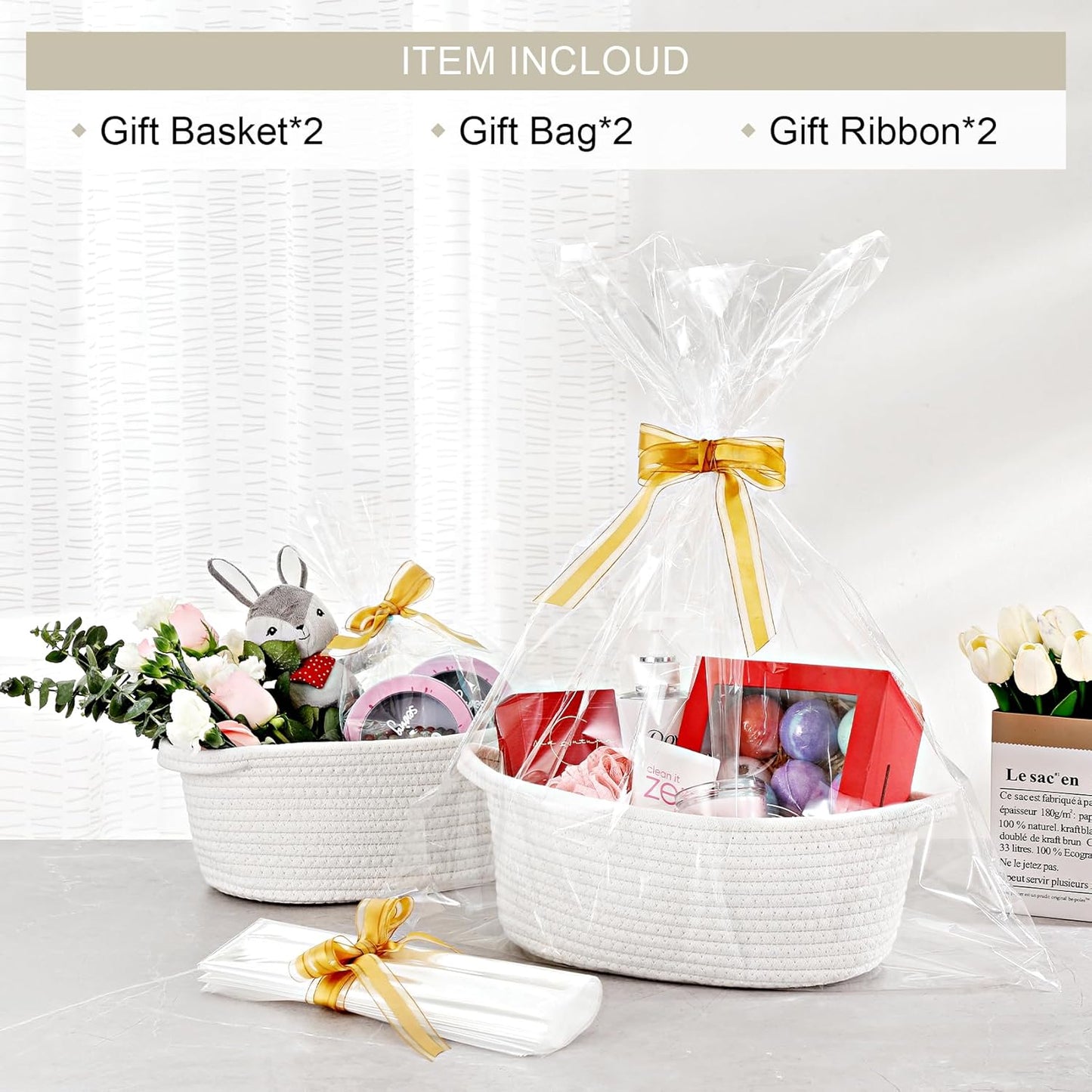 Skiennix Small Woven Baskets - Cute Nursery Storage with Gift Bags & Ribbons | 12"x 8"x 5", White