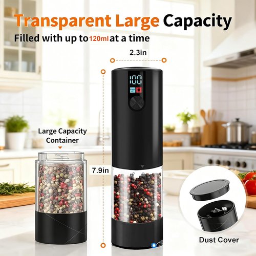 Fresh World Electric Salt and Pepper Grinder Set - Rechargeable, LED Light, Adjustable Coarseness | Black, 2-Pack