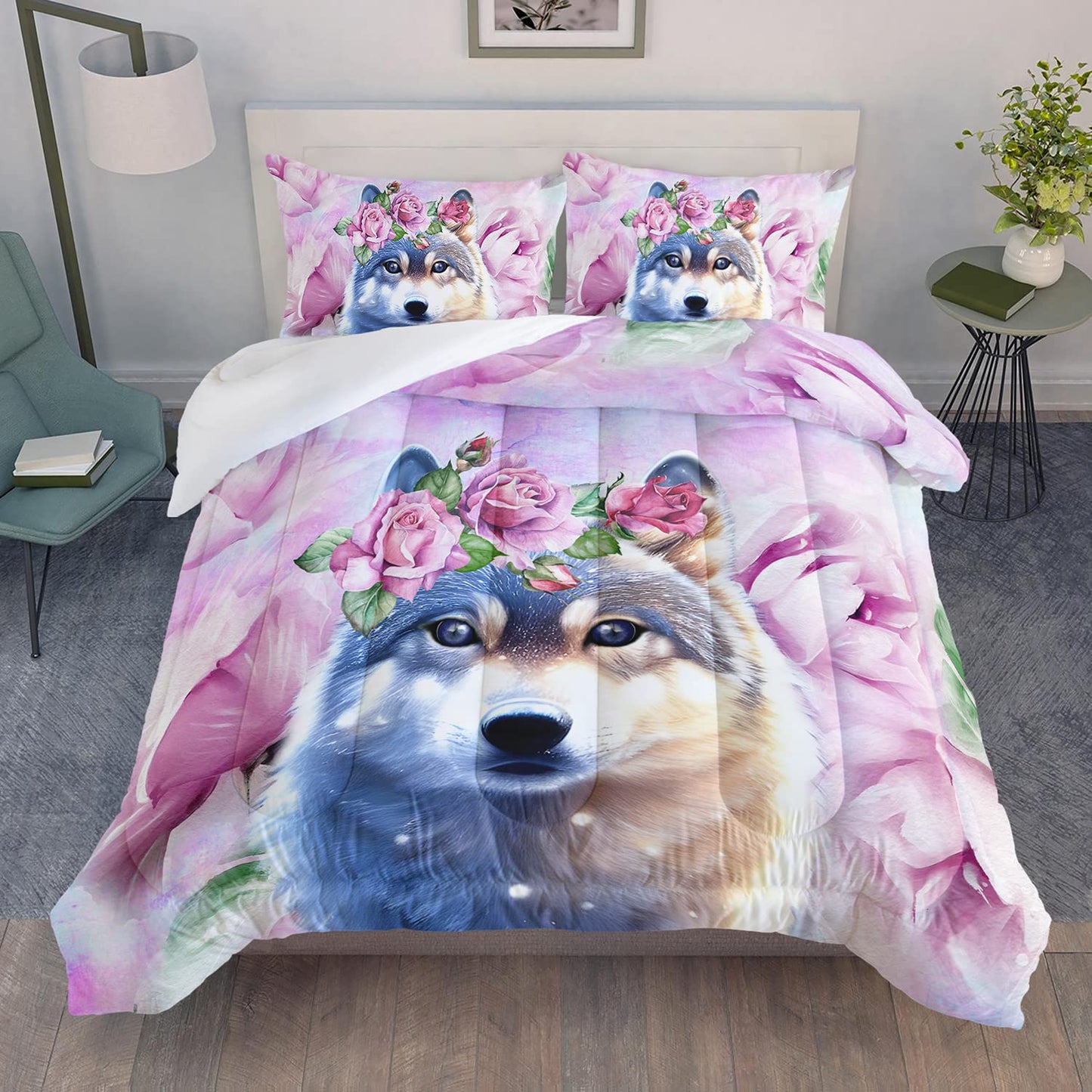 XYNHML Wolf Comforter Set Tie Dye Wolf Bedding Set for Kids Teens Room Decor Romantic Pink Rose Wild Animals Comforter with 2 Pillowcases