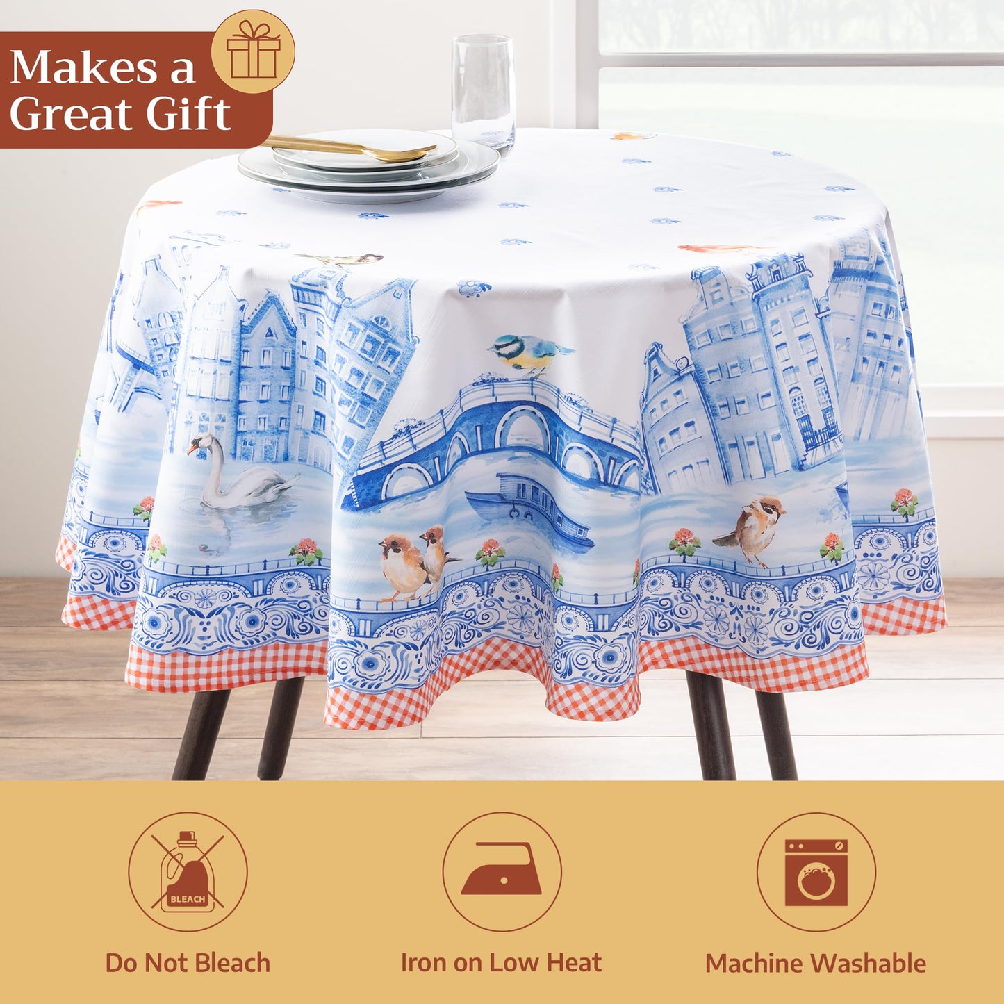 Maison d' Hermine Table Cloth Round Table 100% Cotton 69 Round Inches Tablecloth Reusable Decorative for Dining Kitchen Room Farmhouse Home Gifts for Mothers Day Spring Summer - Amsterdam Canals