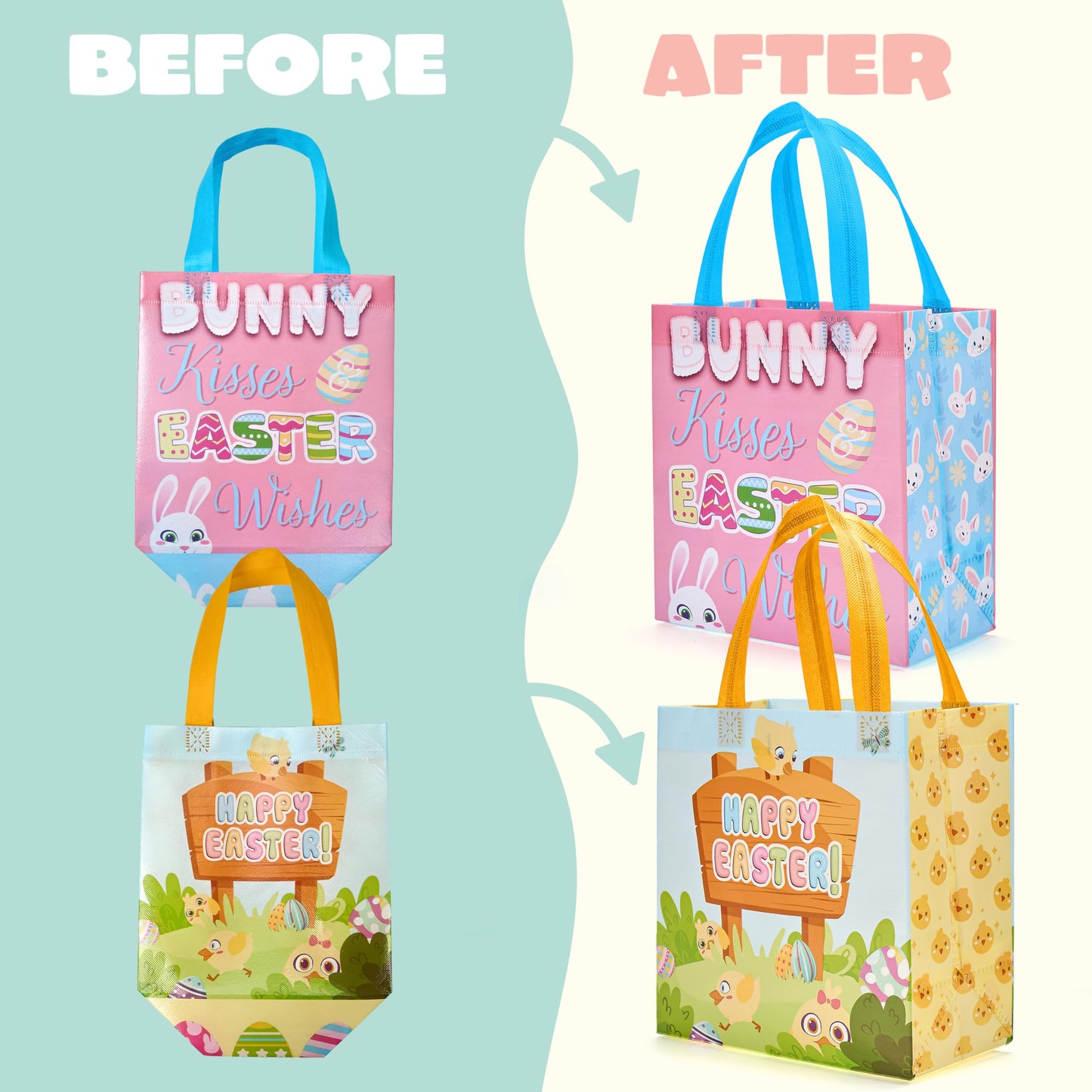 JOYIN 6 Pcs Easter Non-woven Tote Bags with Handle, Happy Easter Egg Bunny Frog Chick & Egg Gift Treat Bags for Gifts Wrapping, Kids Party Supplies & Hunt Game