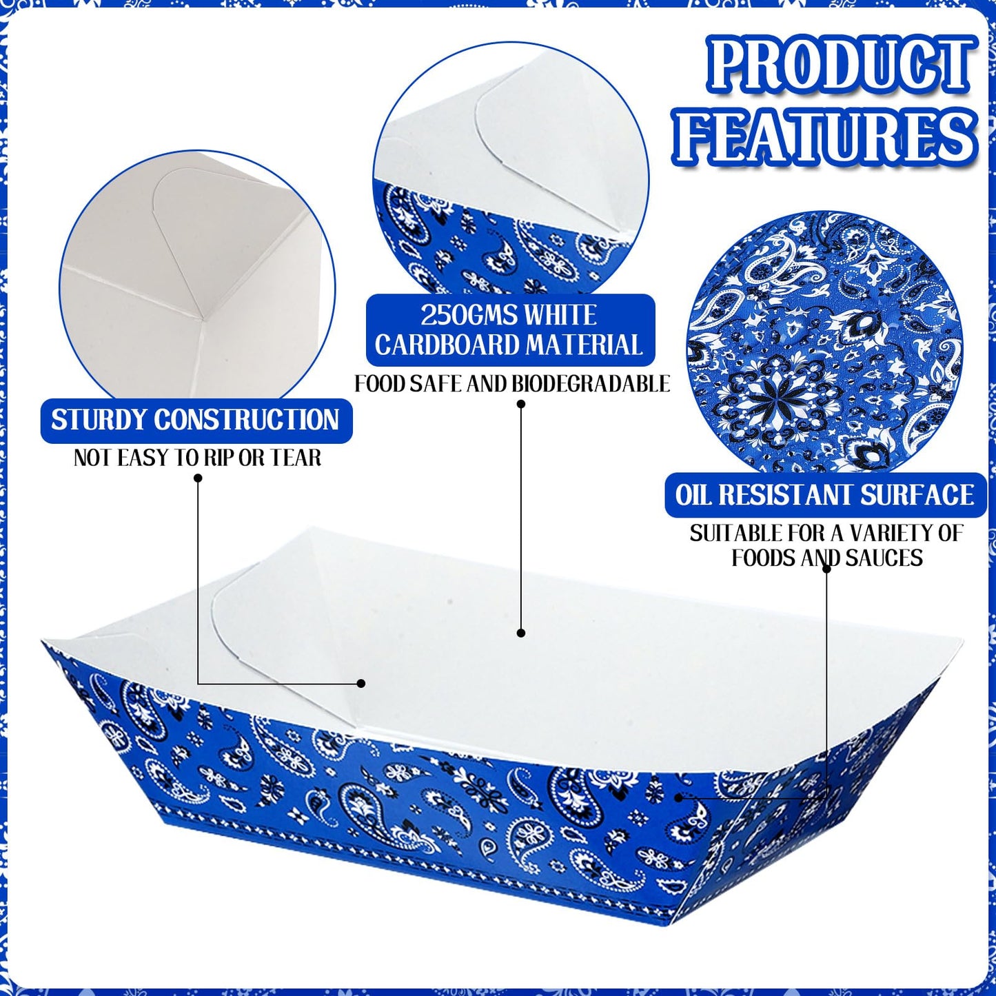 Gejoy 120 Pcs Western Party Plates 1 lb Cowboy Plates Bulk Bandana Paper Food Trays for Rodeo Cholo Party 250th Anniversary Decorations(Red Blue Black)