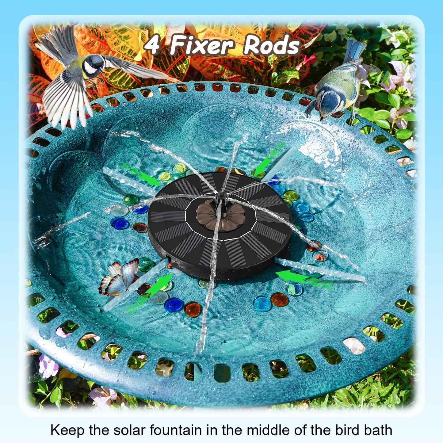 Yzert Solar Fountain Pump - Floating Water Feature with 4 Fixers & 7 Nozzles for Gardens, Ponds & Bird Baths