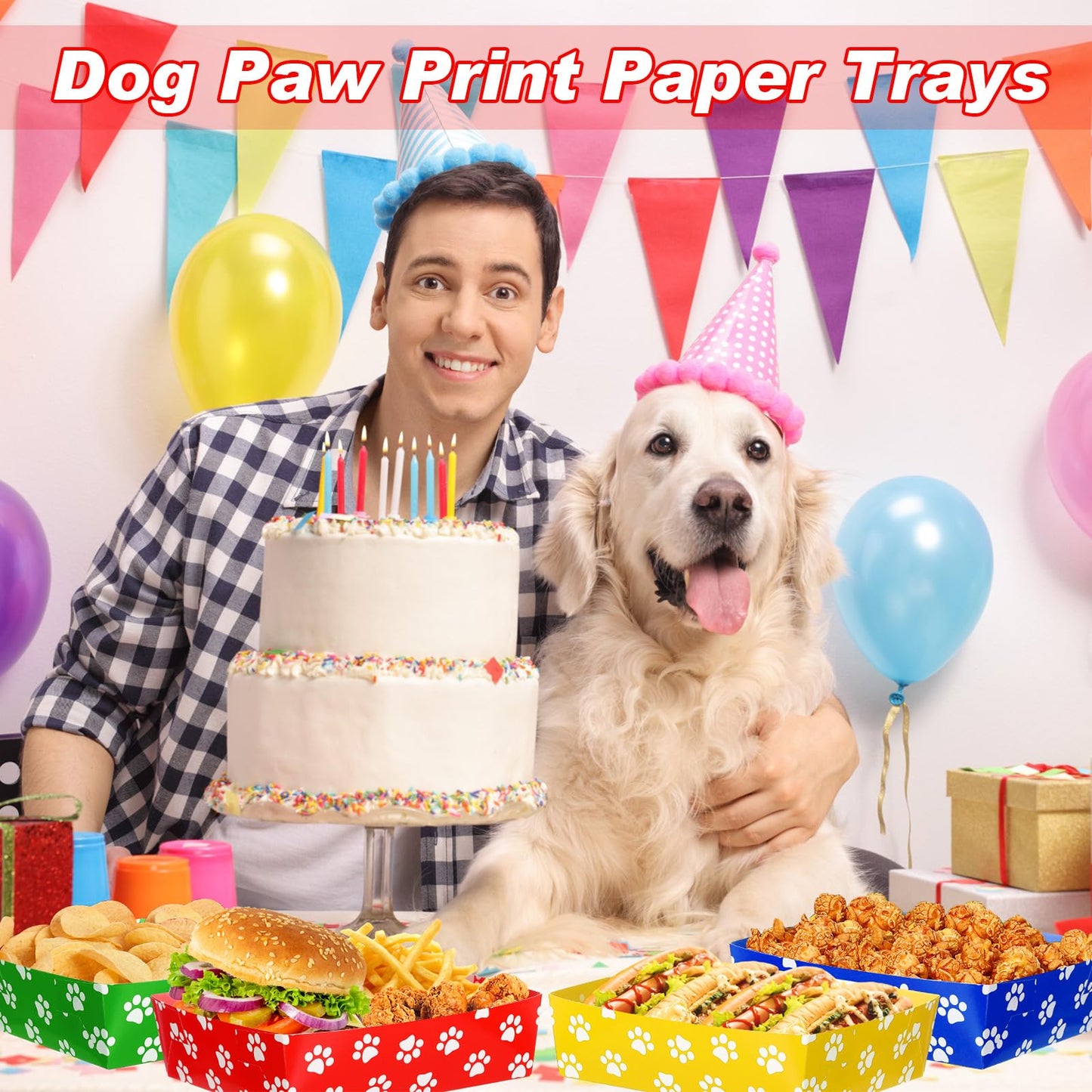 Mifoci 48 Pcs Dog Paw Print Food Trays 5 lb Large Puppy Theme Birthday Party Paper Plates Food Boats Disposable for Snack Burger Fries Party Supplies(Bright Color,Fun Style)