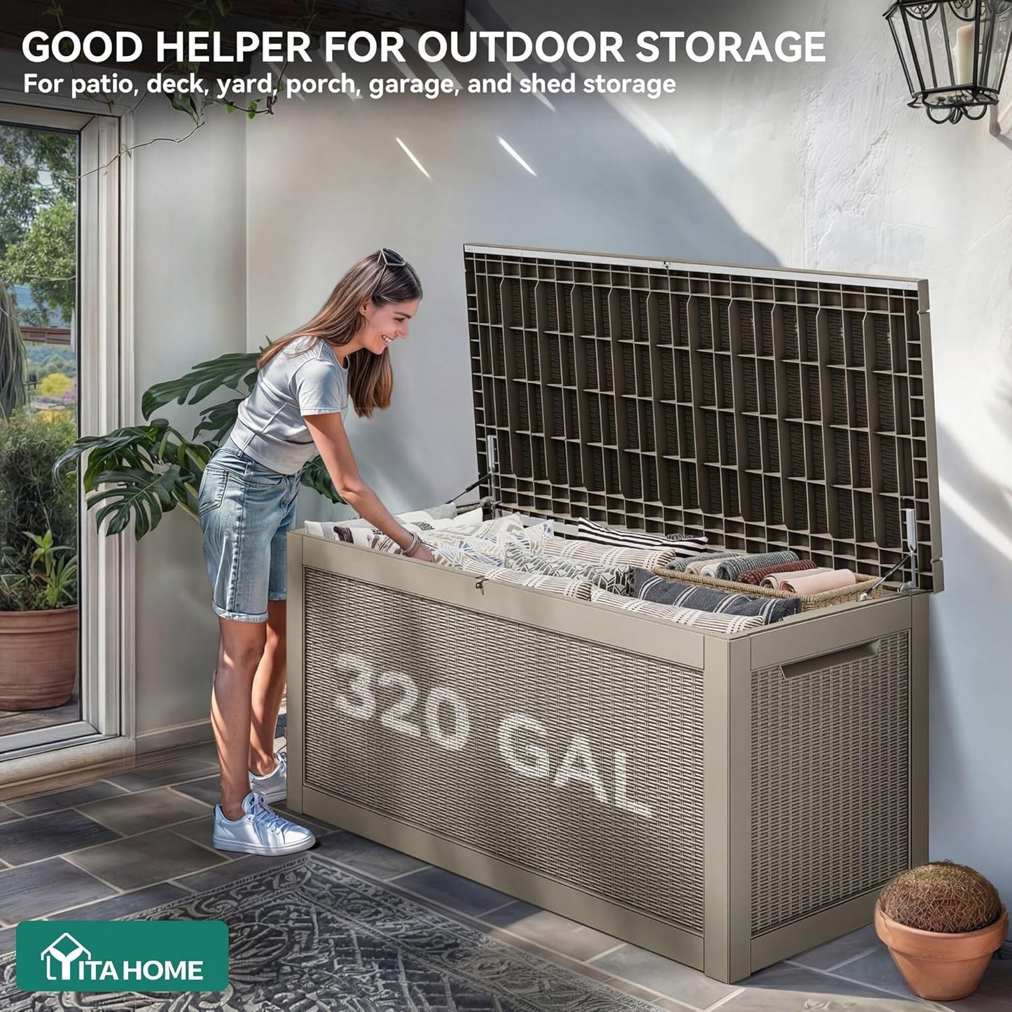 YITAHOME 320 Gallon Outdoor Storage Box - Large Water-Resistant Resin Container for Patio & Garden (Brown)
