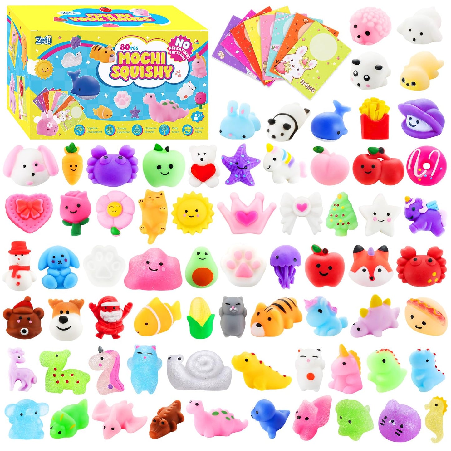 Zefy 80 Pcs Mochi Squishy Toys with Cards, Squishy Fidget Toys Valentine Party Favors for Kids 4-12, Classroom Prizes Treasure Box for Pinata Stuffers Goodie Bags Easter Basket Birthday Gifts