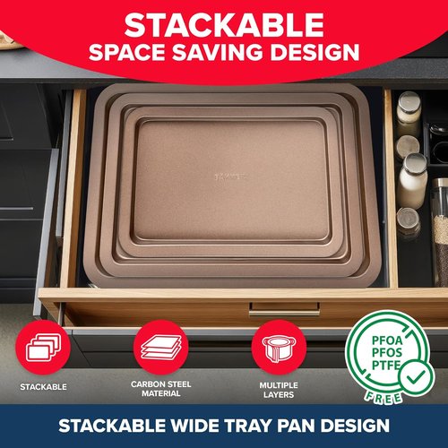 BAKKEN 3-Piece Nonstick Baking Pan Set - Stackable Cookie Trays, Oven Safe Up To 450°F, Brown