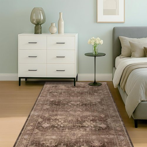 Boho Taupe Brown 4x6 Living Room Rug - Modern Oriental Design, Washable Low Pile, Non-Slip Area Rug