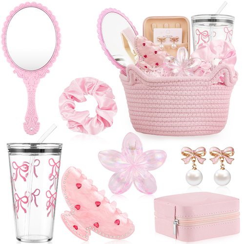 Hafublic 9Pcs Valentine's Day Basket Gifts for Her, Pink Woven Basket Birthday Gift Set Include Woven Basket, Cup, Earring, Flower Clip, Valentine Gift Stuffers for Mom Wife Daughter Teen Girlfriend