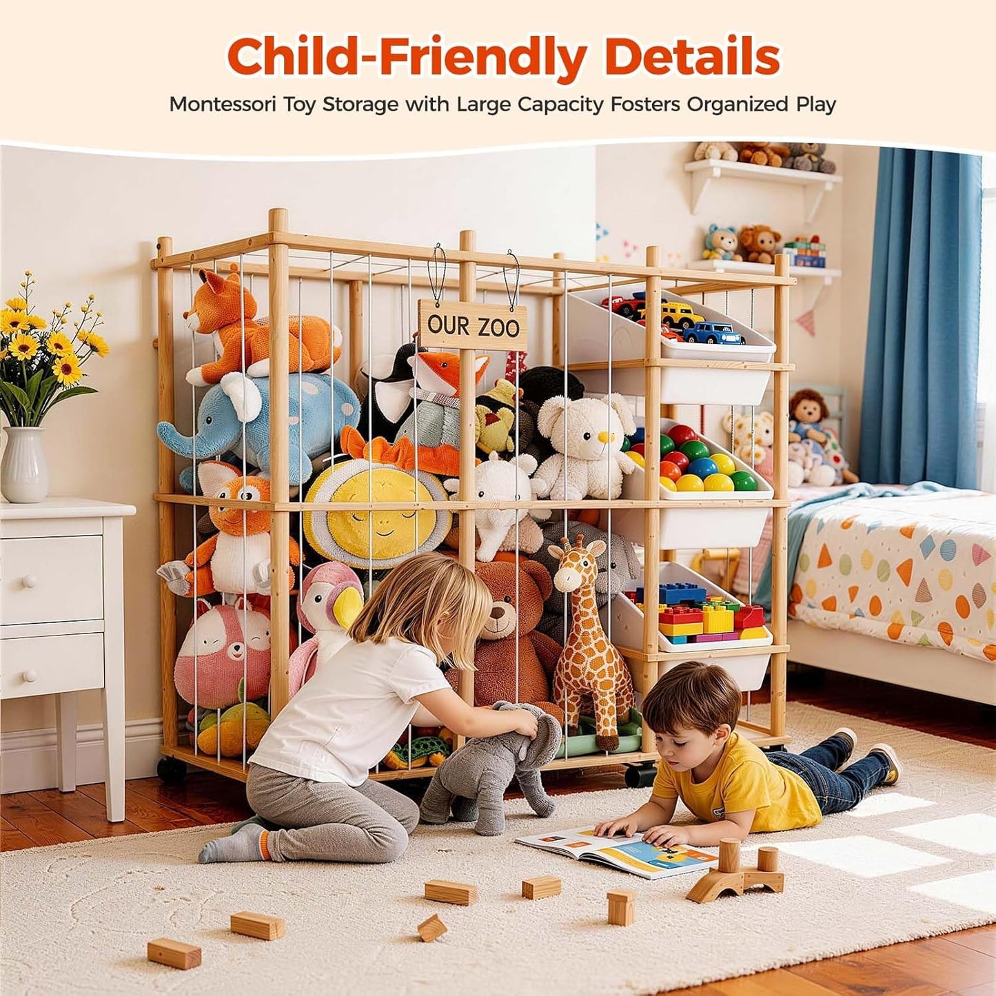 Sevenblue Toy Storage Organizer - 3 Removable Bins for Kids | Stylish Wood & White Design for Playroom