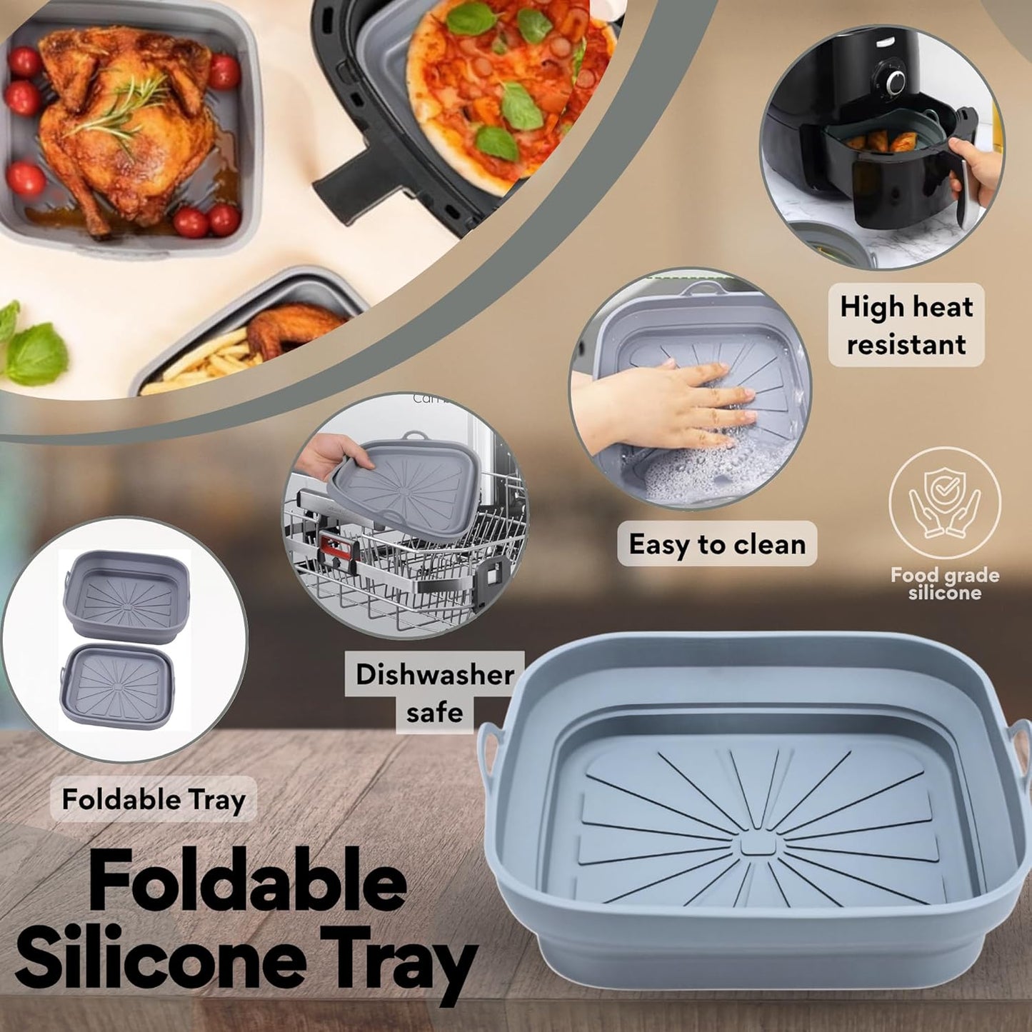 SAMIA 8 Inch Silicone Air Fryer Liners Set - 4 Reusable Non-Stick Liners with Basting Brush & Food Tong