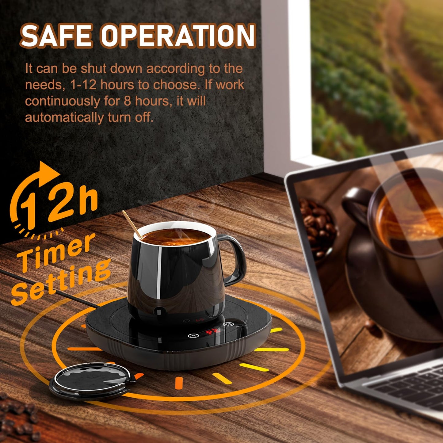 Coffee Mug Warmer, Cup Warmer for Desk with Auto Shut Off, 2 Temp Settings & 1-12H Timer, Coffee Heater Smart Electric Beverage Coffee Cup Warmer, Warmer for Tea, Water, Milk and Coco - Black