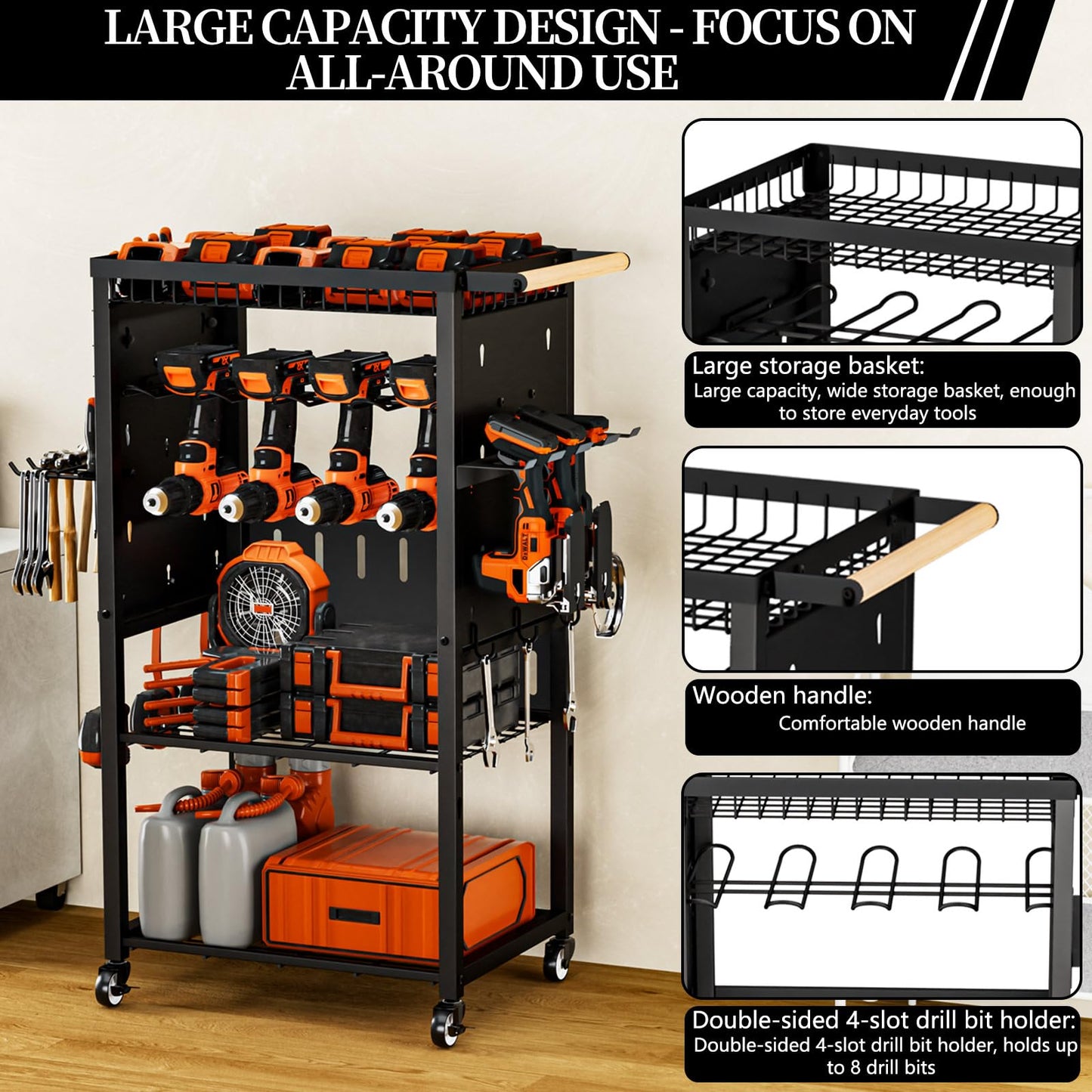 Pure Metal Heavy-Duty Tool Cart, Tool Organizer, 4 Layers + 4 Multifunctional Side Hangers, Integrated Design Power Tool Organizer, Practical Gift for Men, Husbands, and Fathers.