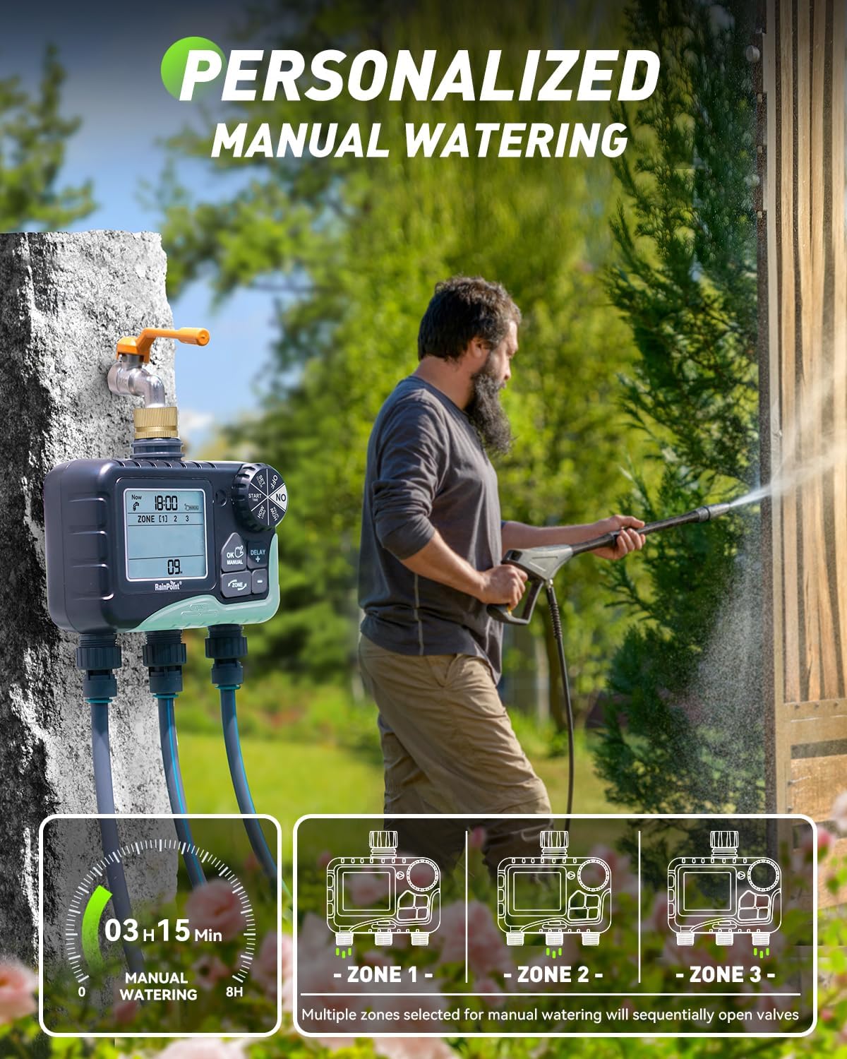 RAINPOINT 3-Zone Sprinkler Timer - Automatic Watering System with Brass Inlet & IP65 Waterproof | Large LCD Display