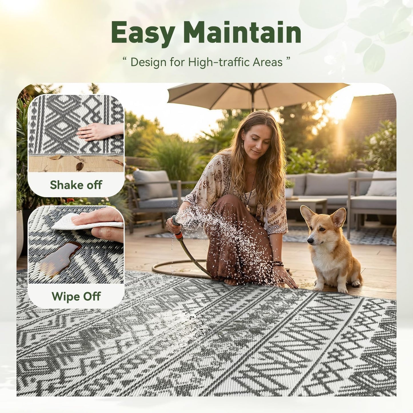 MontVoo Outdoor Rug - Waterproof Reversible 5x8 Patio Mat for RV, Camping, Beach, Boho Grey