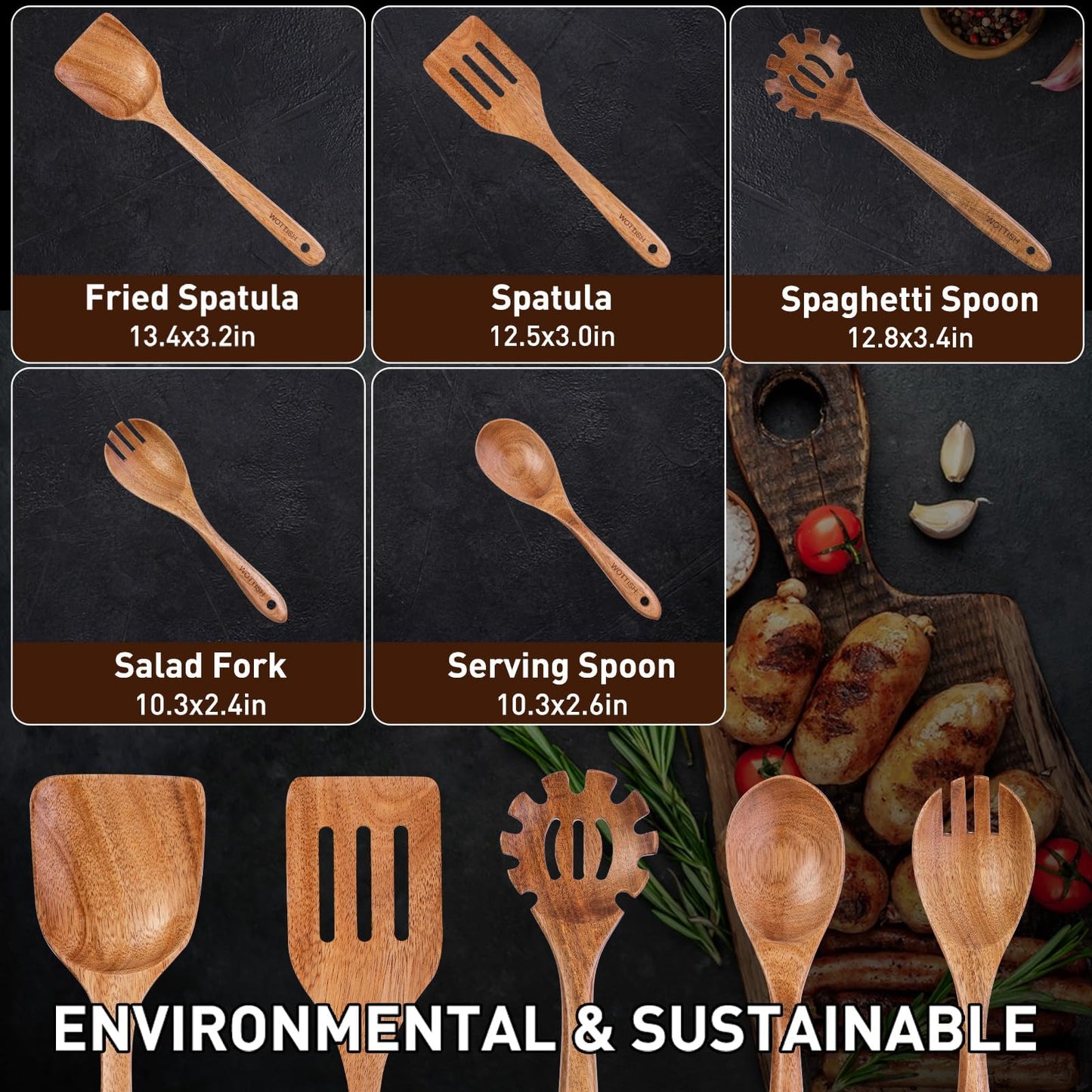 Wooden Spoons for Cooking,Wooden Cooking Utensil Set,10-Piece Wooden Kitchen Utensil Set with Wooden Spoons(A10)