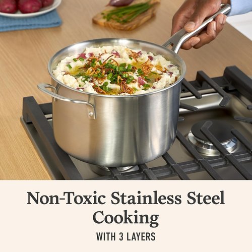 Calphalon Brushed 3-Ply Stainless Steel Cookware Set - Turbo Heat Technology, 4.5Qt Sauce Pan with Lid, Induction & Oven Safe to 450°F