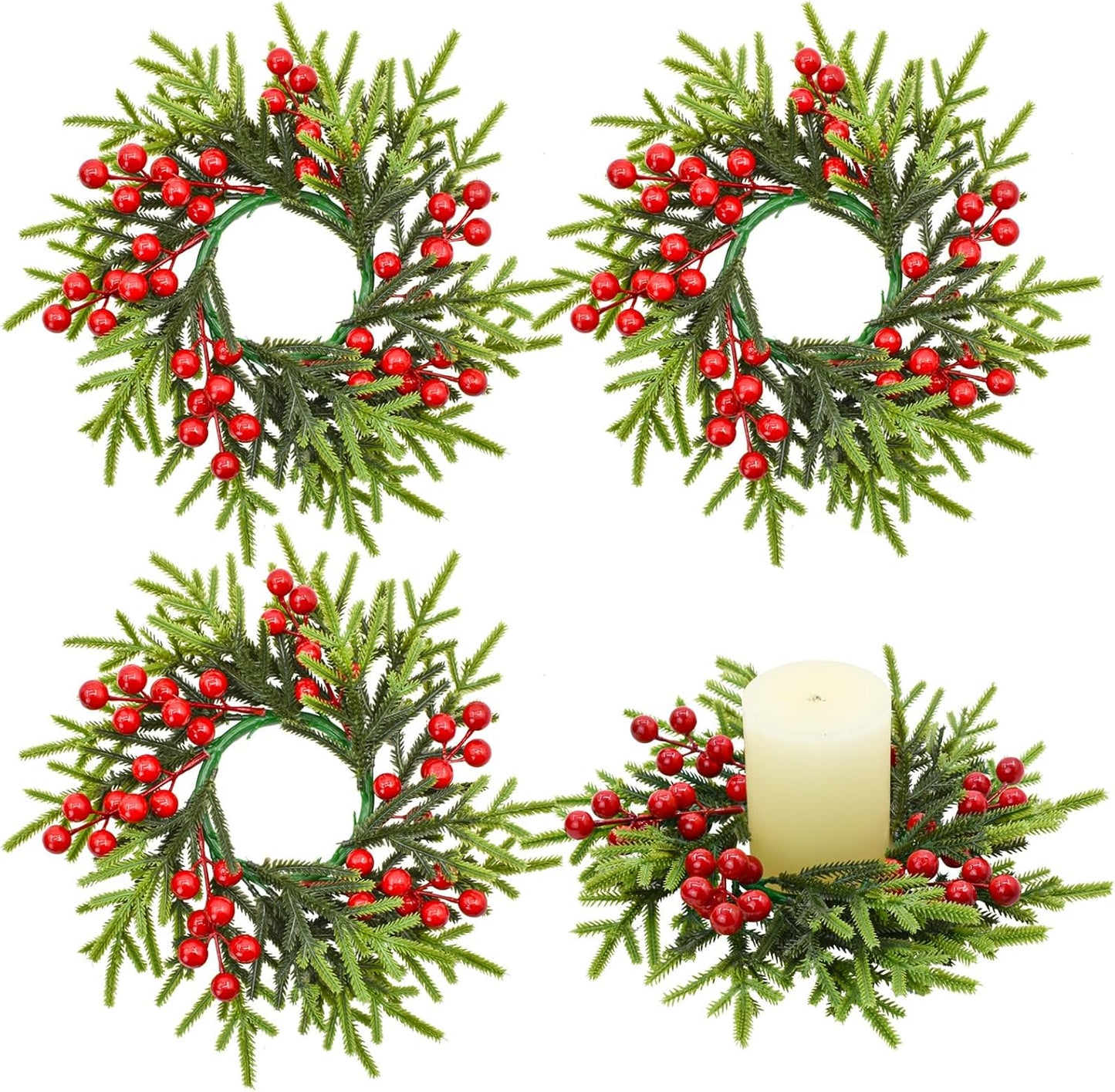 Regine Switzerland Christmas Candle Rings - Festive Red Berries & Pine Needle Wreaths | 4PCS Holiday Decor