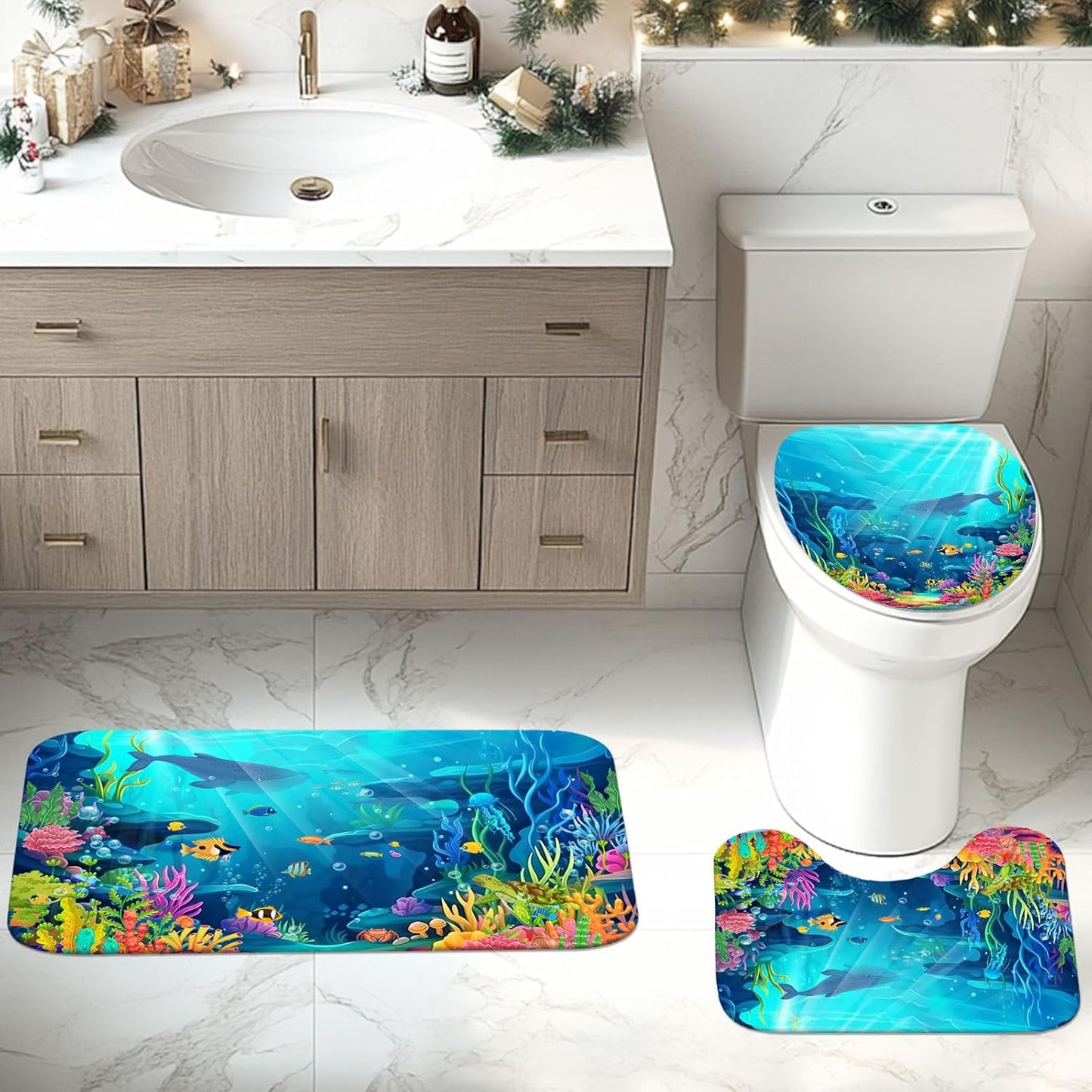Skiennix Ocean Shower Curtain Set - Tropical Underwater World with Non-Slip Bath Rugs | 4-Piece Kids Bathroom Decor
