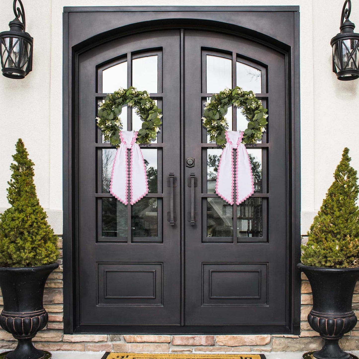 Skiennix Scalloped Wreath Sash - Elegant Ruffle Ribbon Bow for Front Door Decor | 2 Pcs Set in White & Pink