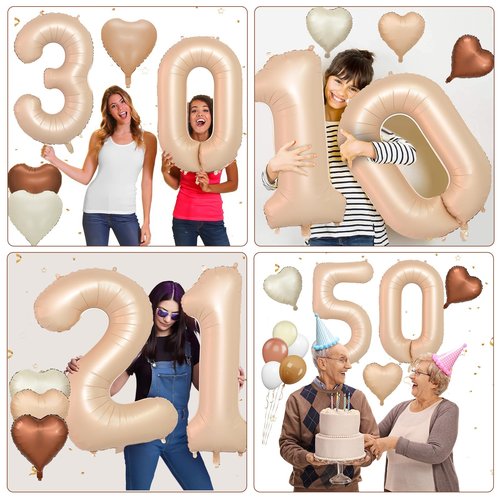 Biapian 40 Inch Light Brown Number 1 Balloon, Caramel Large Number One Balloon Digital with Cream Foil Heart Balloon for 1st Birthday Decorations first One Year Boys Girls Baby Shower Party Decor