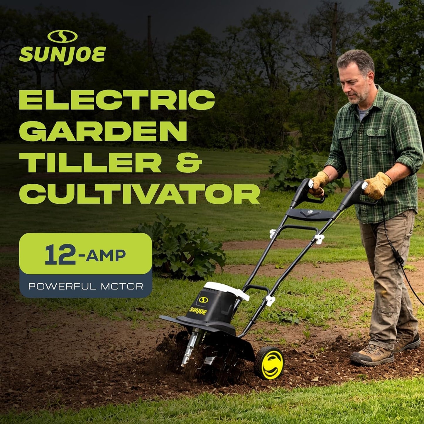 Sun Joe Corded Electric Garden Tiller - 12-Amp Heavy-Duty Cultivator with 16-Inch Steel Tines for Lawn Care