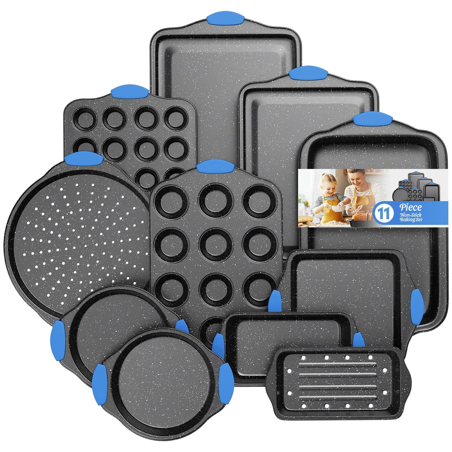 11-Piece Professional Stackable Baking Set, Oven-Safe Nonstick Cookware with Cool-Touch Handles - Features Cookie Sheet, Cake Pan, Muffin Tin, Pizza Stone & Bread Loaf Pan, Black&Blue