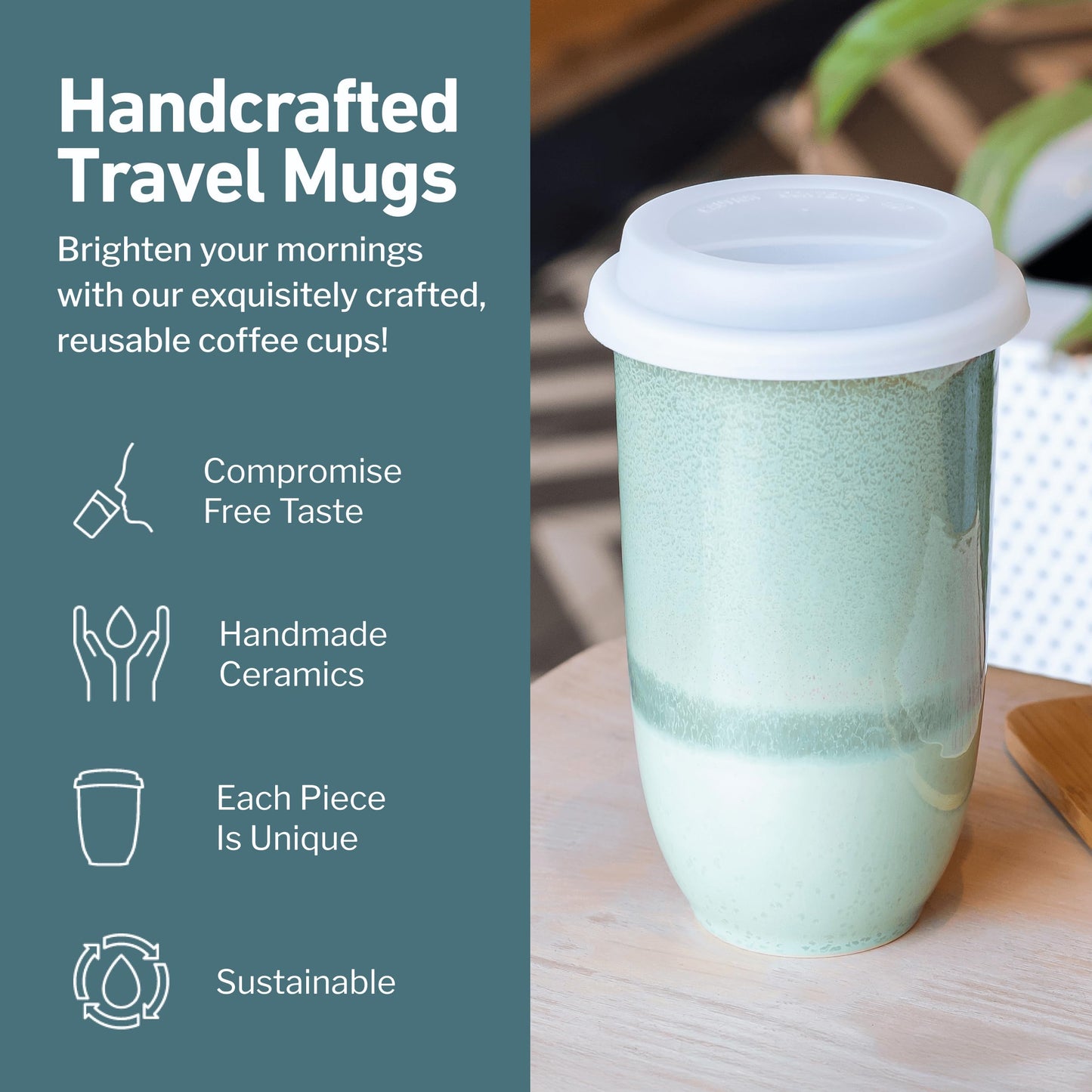NOVA CERAMICS Coffee Travel Mug – Reusable Coffee – Microwave & Dishwasher Safe Coffee Green Tumbler - Gifts For Women Men Him Her – 16oz – Emerald