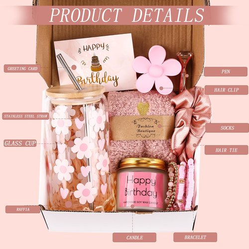DHQH Birthday Gifts for Teen, Cute Inspirational Gift Daisy Presents Set Ideas for Sister Daughter Friends, Happy Birthday Gift Basket with Ice Glass Cup for Her (Pink)