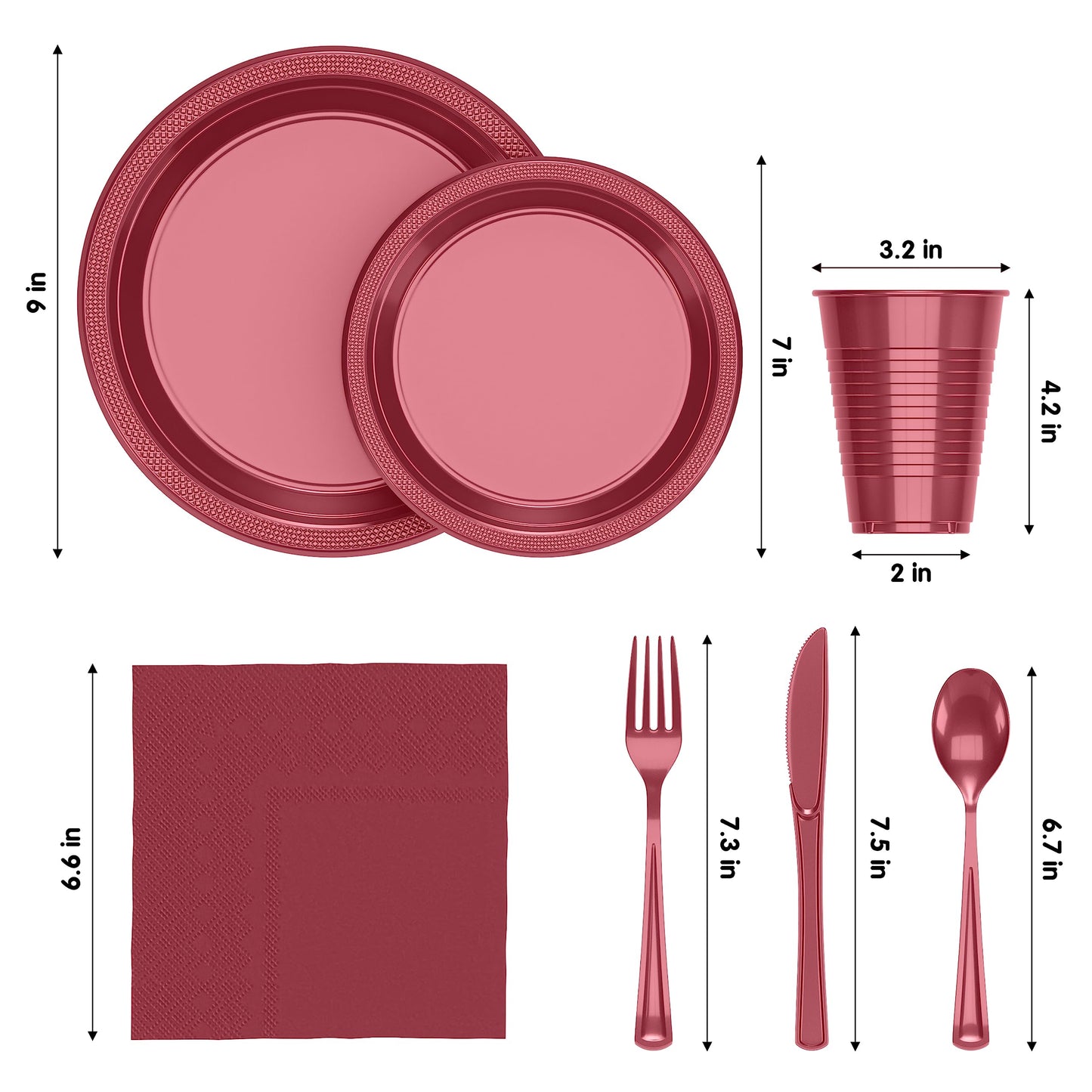 350 Pcs Burgundy Plastic Plates For Party, Burgundy Disposable Plates Set, 50 Of Each 9" Dinner Plate Set, 7" Dessert Plate, Cups, Napkins & Cutlery Plastic Dinnerware Set Exquisite